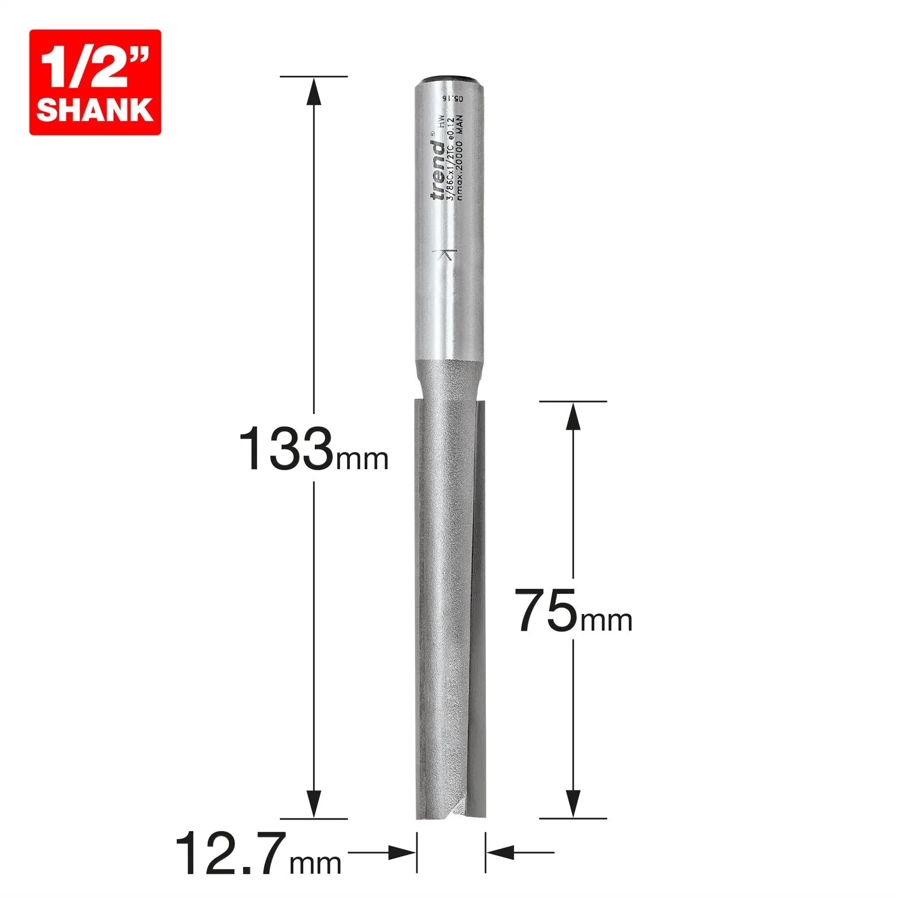 Trend Two Flute 12.7mm Dia X 75mm Cut 3/86CX1/2TC White Rose Tools