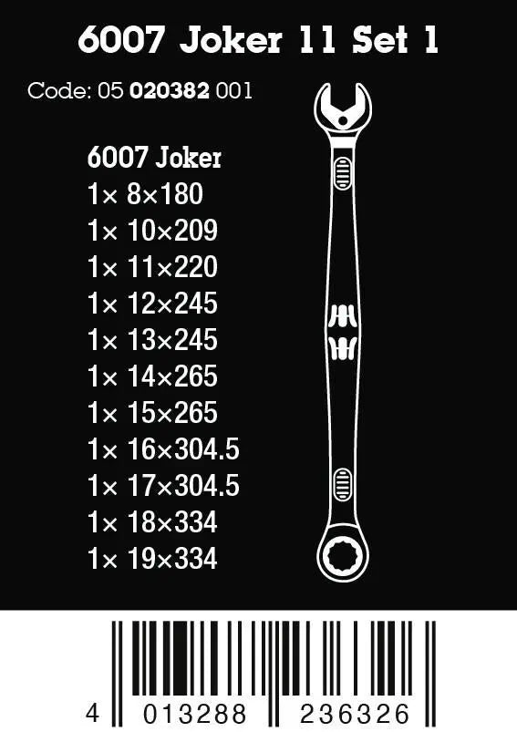 Wera 6007 Joker 11 Set 1 Ratchet Combination Spanner Set Long Design 8-19mm in Case 11 Pieces White Rose Tools