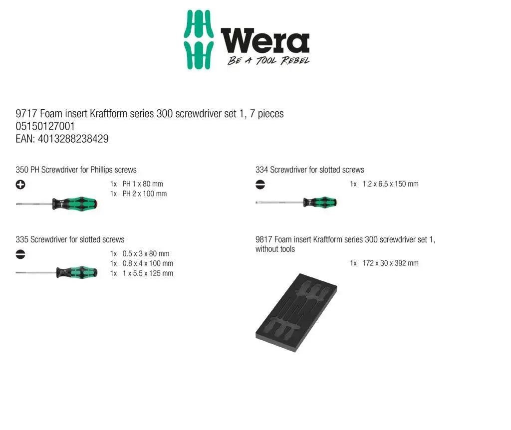 Wera 9717 Foam Insert Kraftform Series 300 Screwdriver Set 1, 7 PiecesĀ White Rose Tools