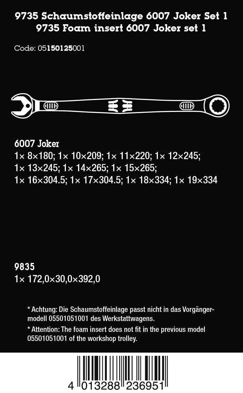 Wera 9735 Foam Insert 6007 Joker Set 1 Ratchet Combination Spanners Long Design 8-19mm 12 Pieces White Rose Tools