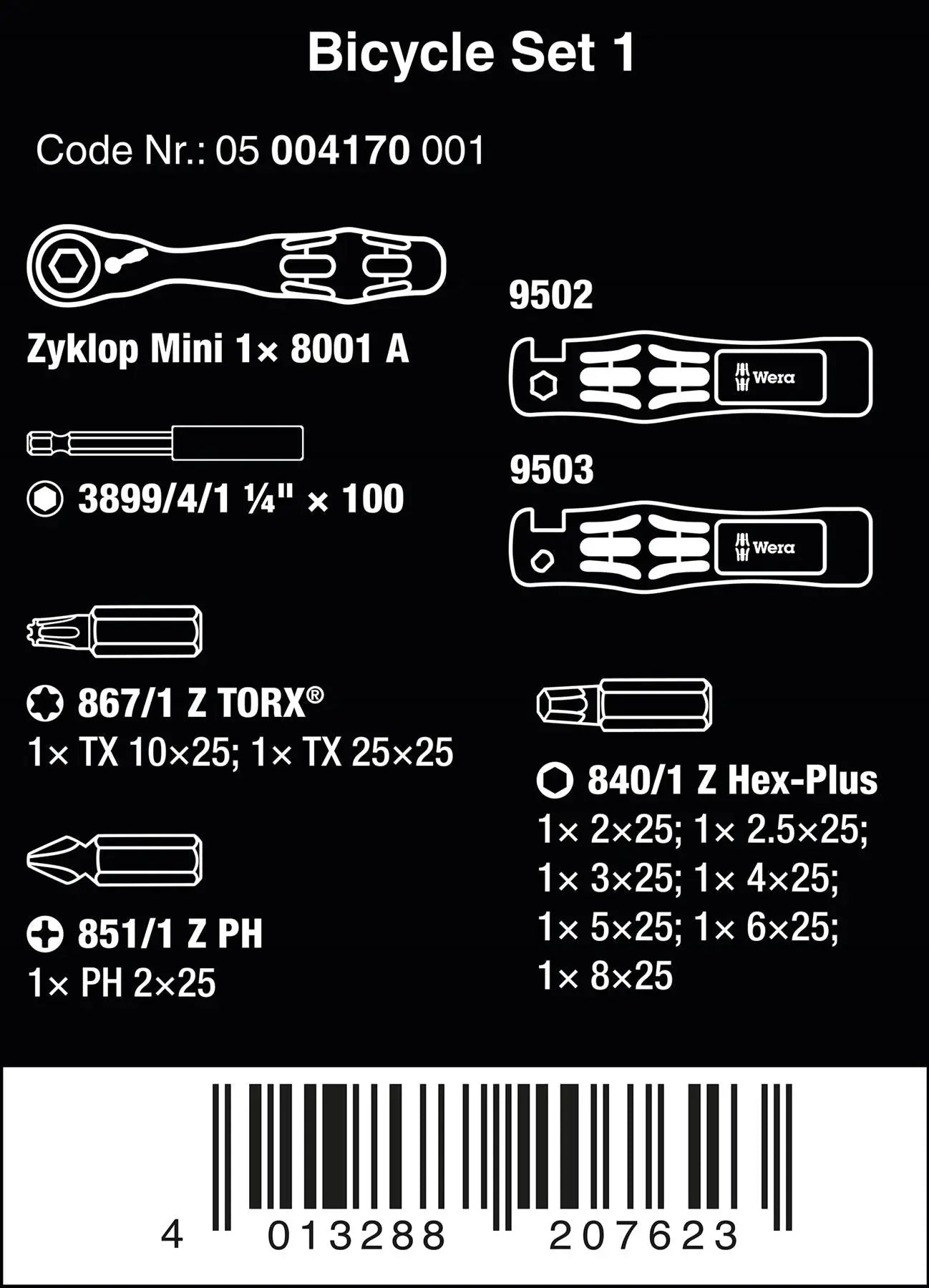 Wera Bicycle Set 1 14 Piece Tyre Levers 1/4" Hex Ratchet and Screwdriver Bits  White Rose Tools