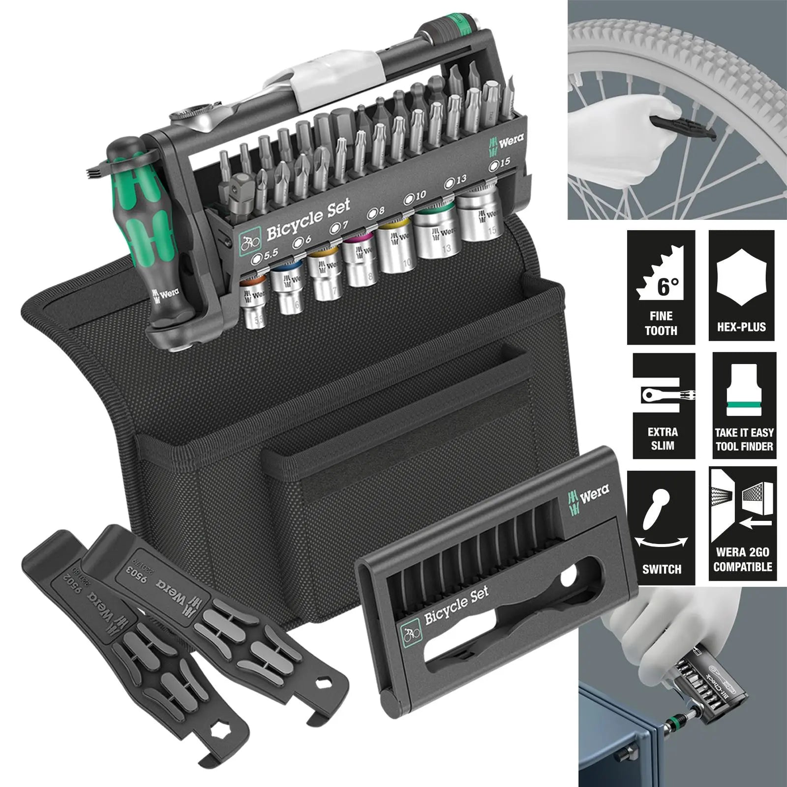 Wera Bicycle Set 3 41 Piece Bit Check Tyre Levers 1/4" Hex Ratchet White Rose Tools