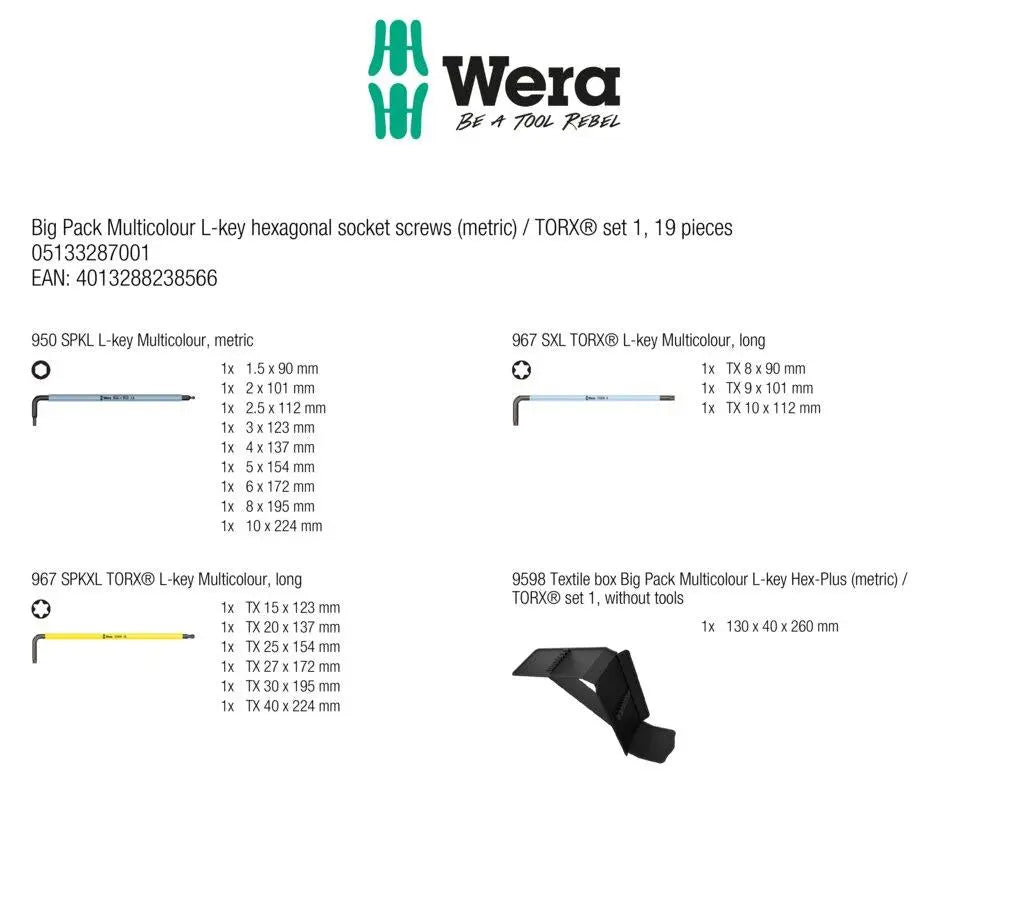 Wera Big Pack Multicolour L-Key Hexagonal Socket Screws Metric / TORX Set 1, 19 Pieces White Rose Tools