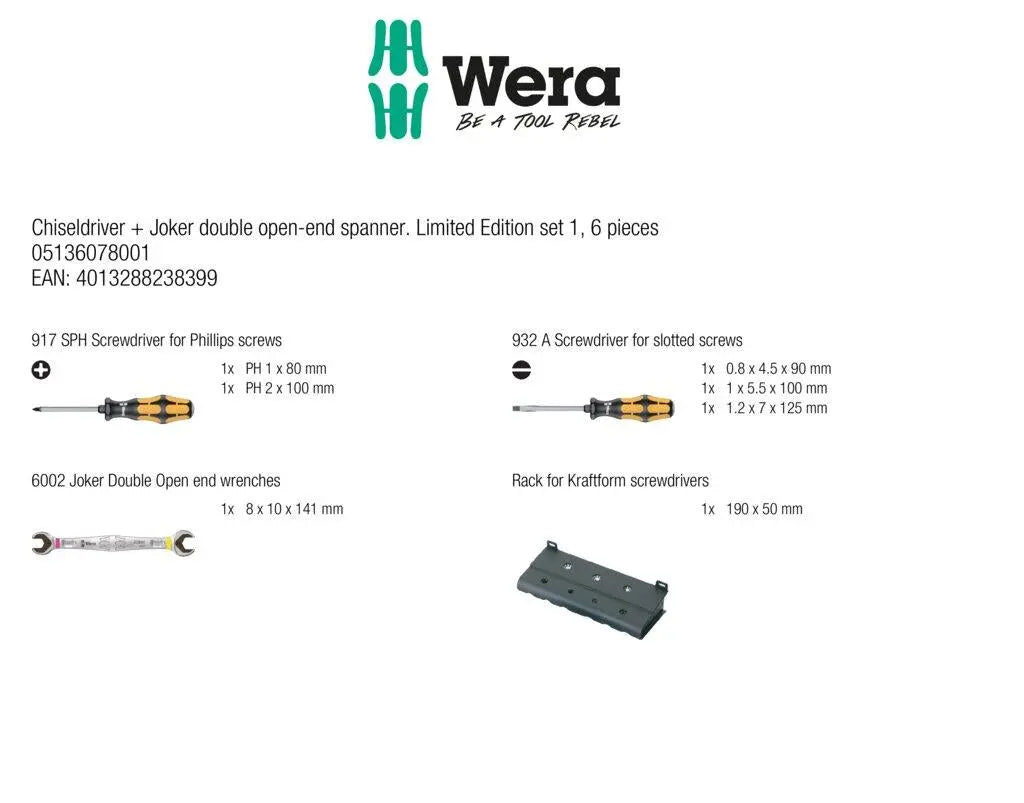 Wera Chiseldriver and Joker Double Open End Spanner Limited Edition Set 1, 6 Pieces White Rose Tools