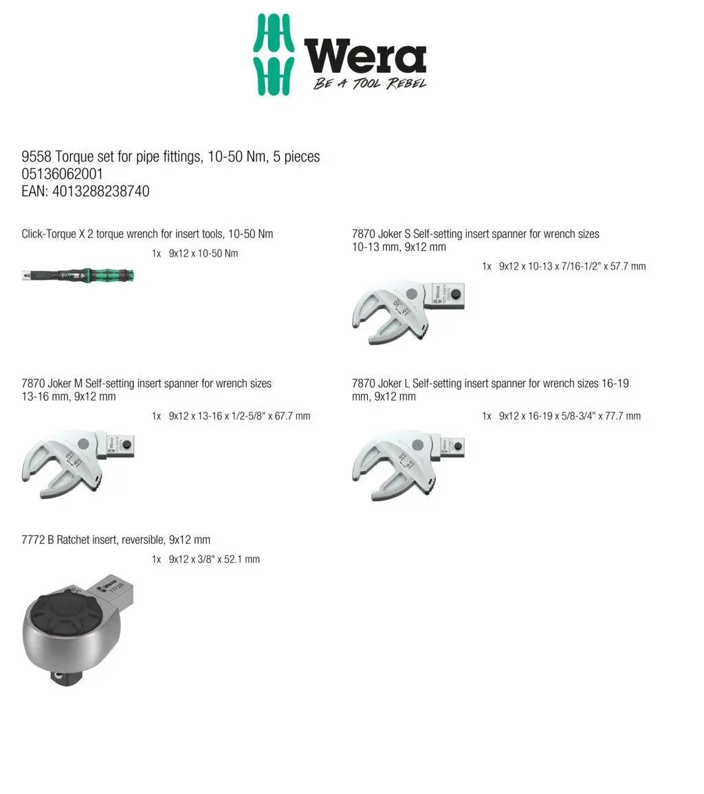 Wera Click Torque X 9558 Torque Set for Pipe Fittings 10-50 Nm 9x12mm Inserts White Rose Tools
