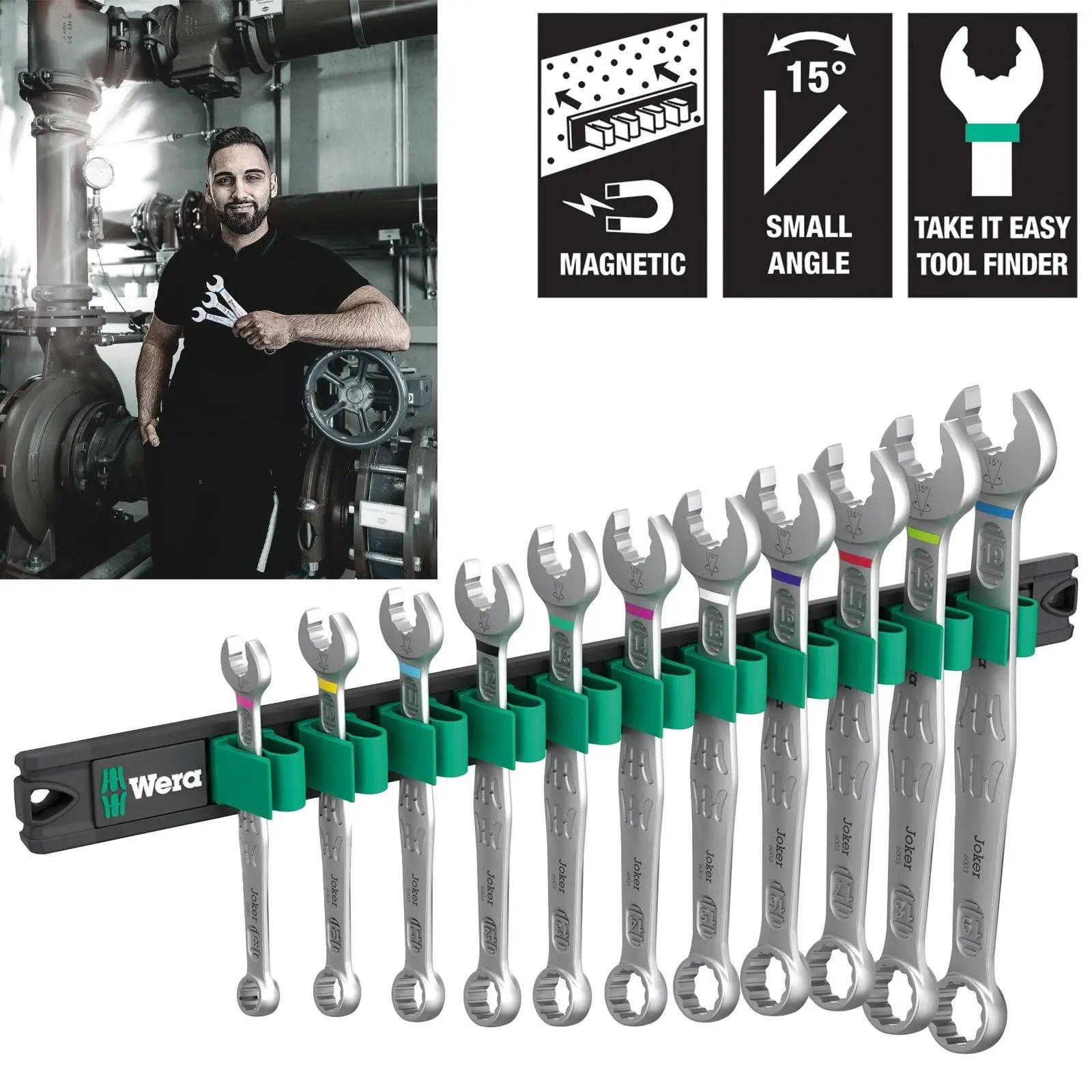 Wera Combination Spanner Wrench Set 6003 Joker 1 9640 Magnetic Rail 11 Pieces 8-19mm White Rose Tools
