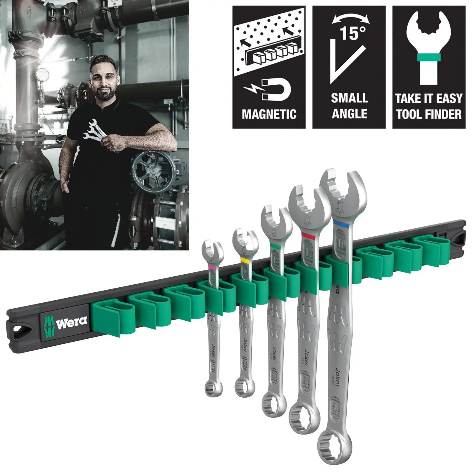 Wera Combination Spanner Wrench Set 6003 Joker 2 9641 Magnetic Rail 5 Pieces 8-19mm White Rose Tools