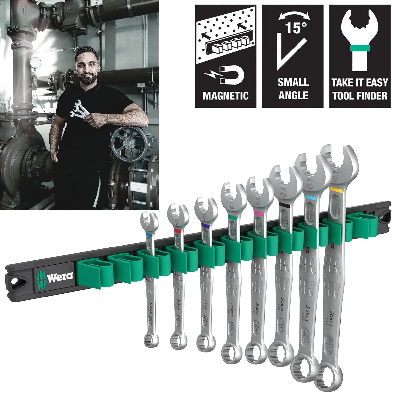 Wera Combination Spanner Wrench Set 6003 Joker Imperial 1 9642 Magnetic Rail 8 Pieces 5/16"-3/4 White Rose Tools