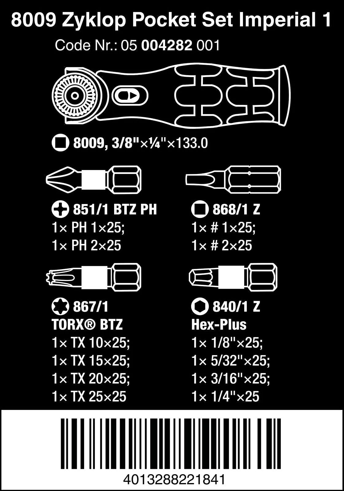 Wera Compact Screwdriver Socket Wrench Zyklop Pocket Imperial Set 1 13 Pieces 8009 3/8" Drive 1/4" Hex