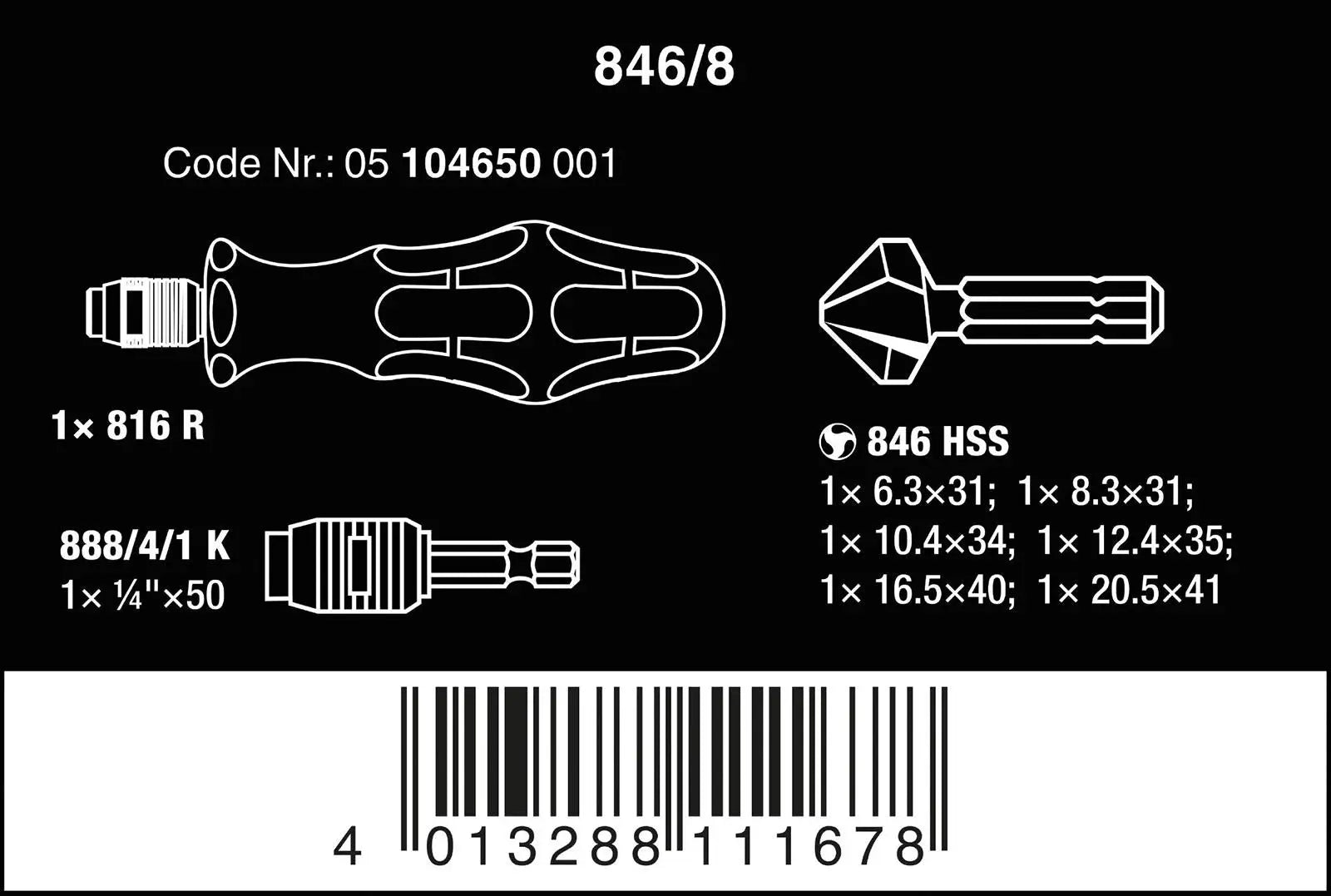 Wera Countersink Bit Set 3-Flute 8 Piece 846/8 with Screwdriver and Rapidaptor Bit Holder White Rose Tools