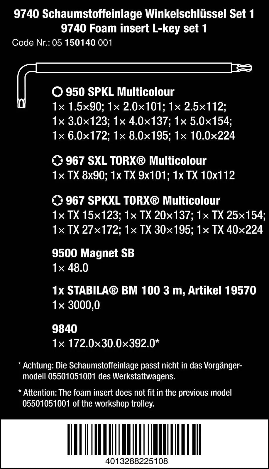 Wera Foam Insert L-Key Set 1 9740 20 Pieces