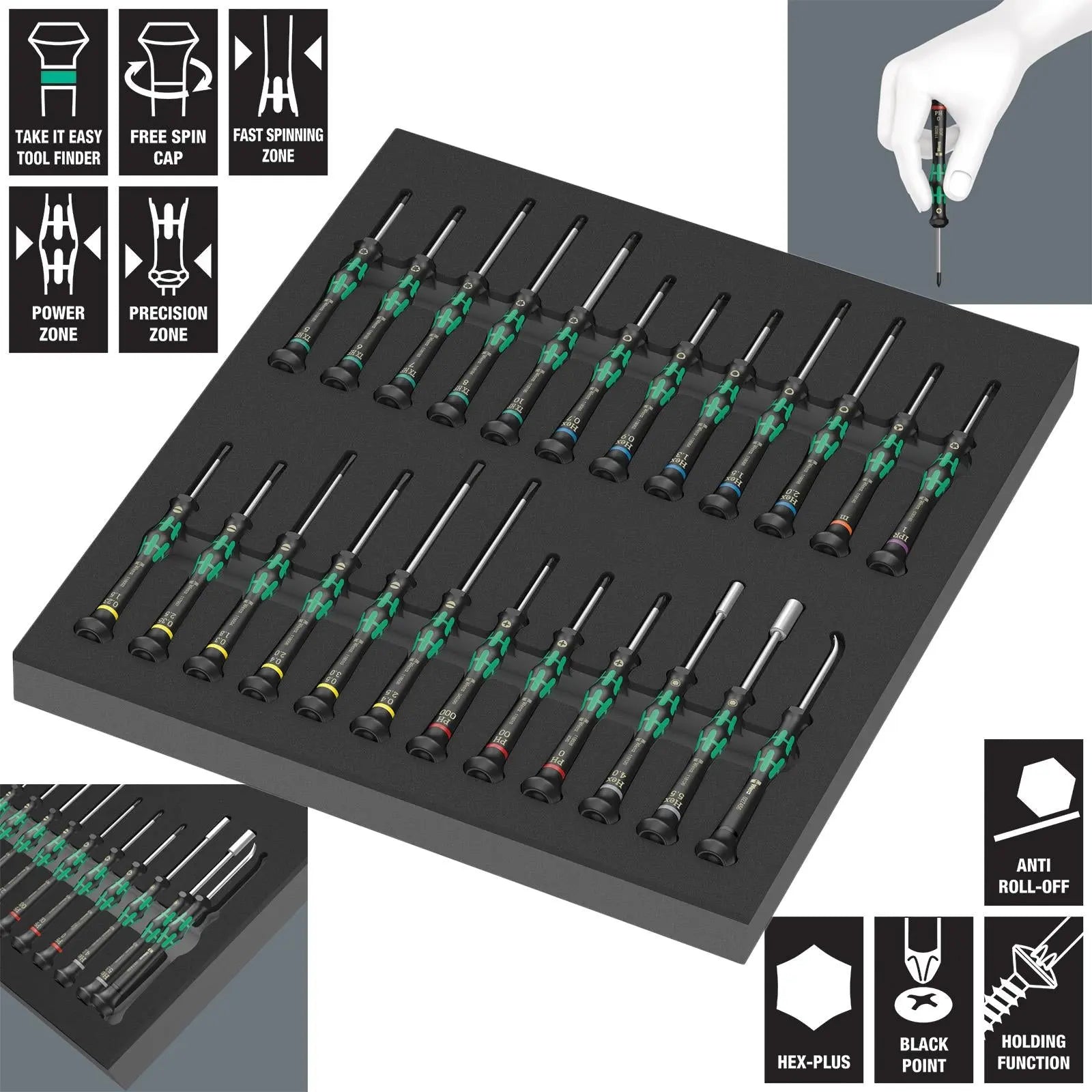 Wera Foam Insert Micro Precision Screwdriver Set 1 Kraftform 9715 Free Spin Cap 24 Pieces White Rose Tools
