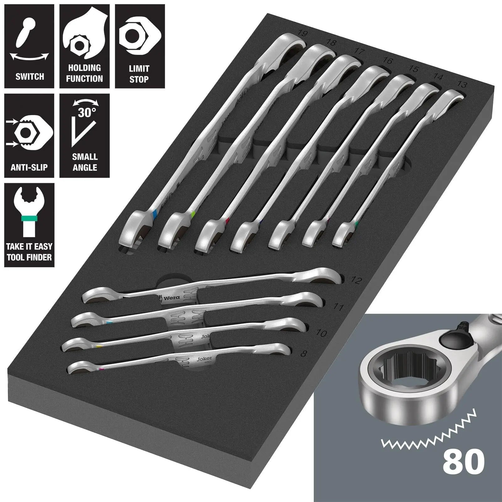 Wera Foam Insert Ratchet Combination Spanner Set 6001 Joker Switch Set 1 9733 8-19mm 11 Pieces White Rose Tools