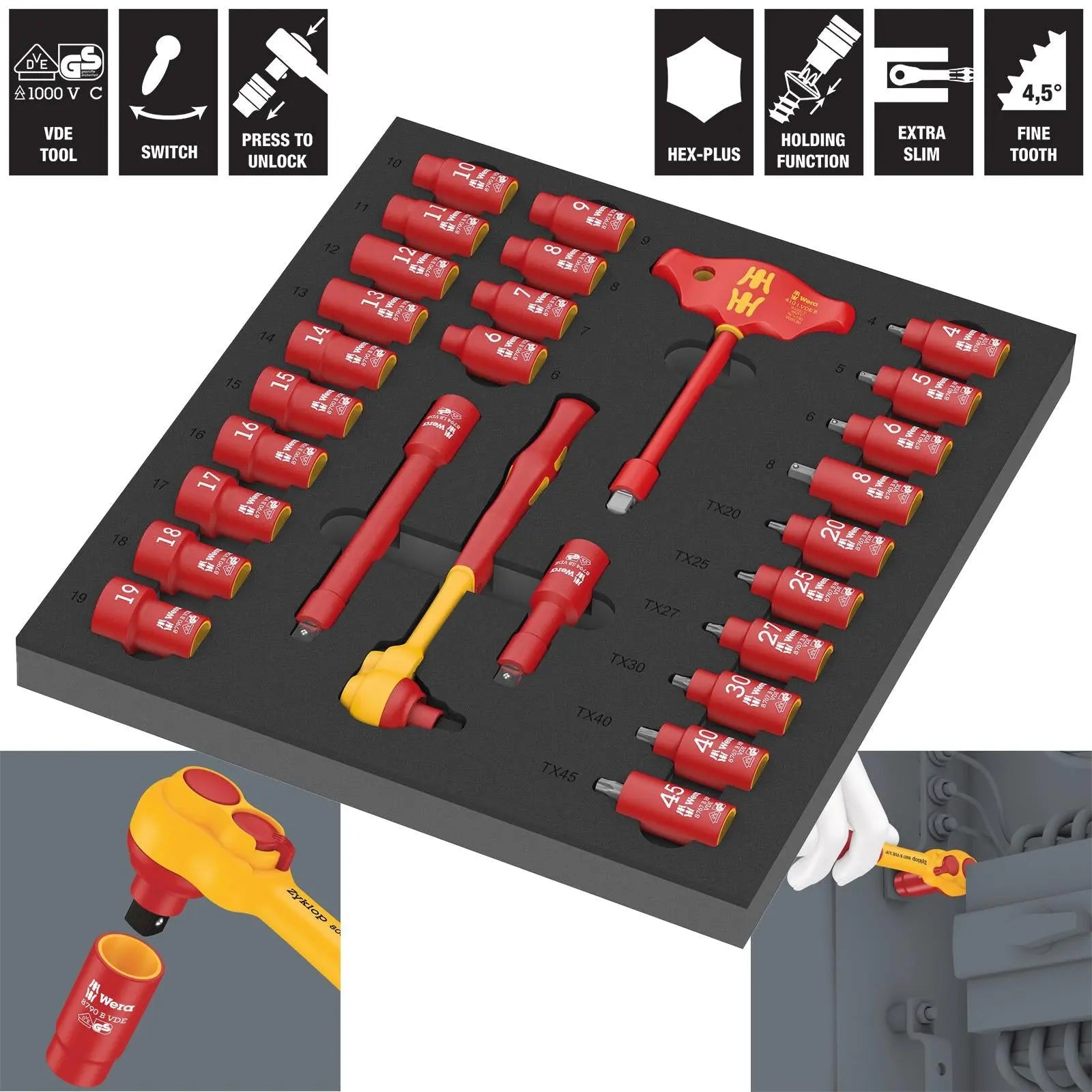 Wera Foam Insert VDE Ratchet Wrench Socket Set 8007 B VDE Zyklop VDE Ratchet Set 1 3/8" Drive 9726 28 Pieces White Rose Tools