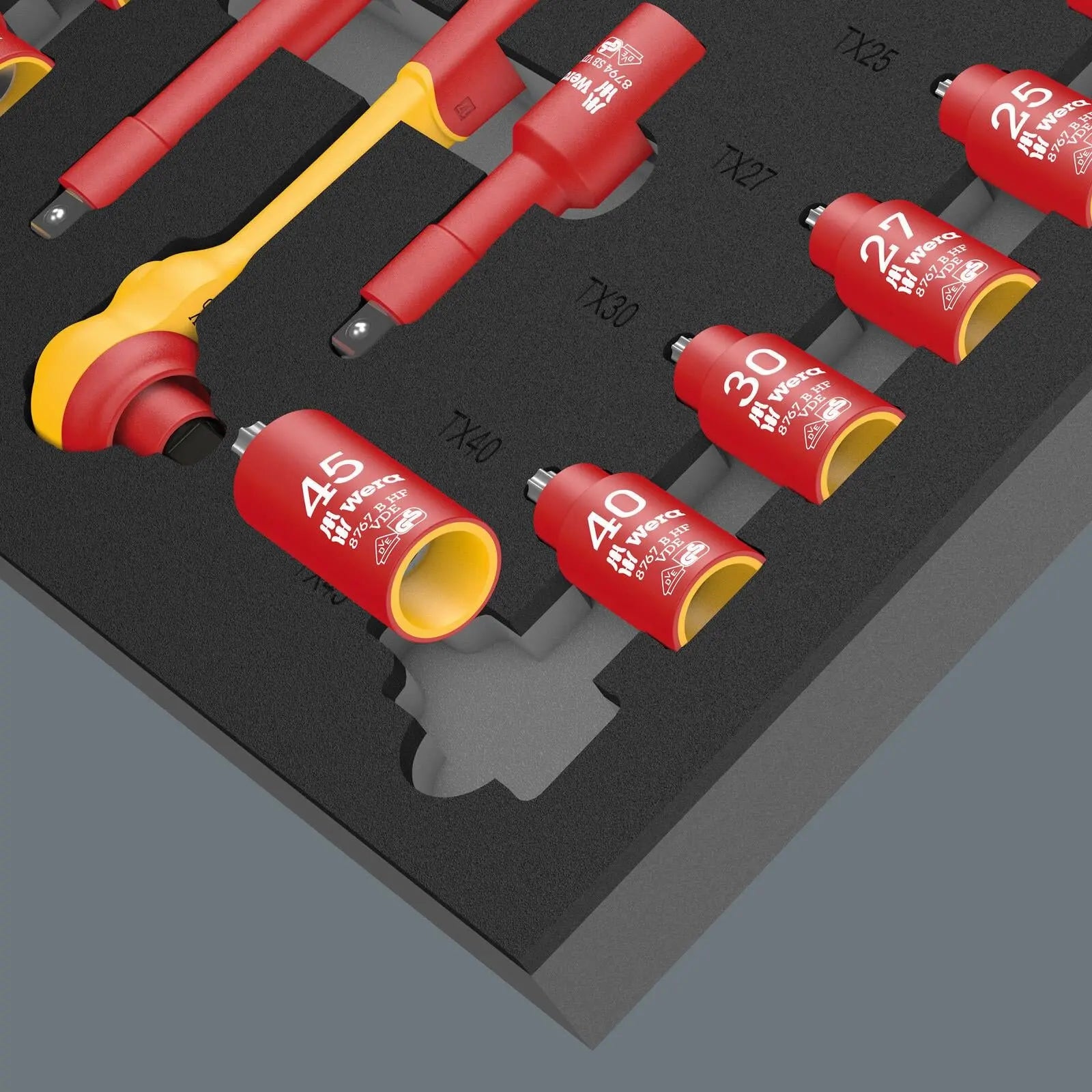 Wera Foam Insert VDE Ratchet Wrench Socket Set 8007 B VDE Zyklop VDE Ratchet Set 1 3/8" Drive 9726 28 Pieces White Rose Tools