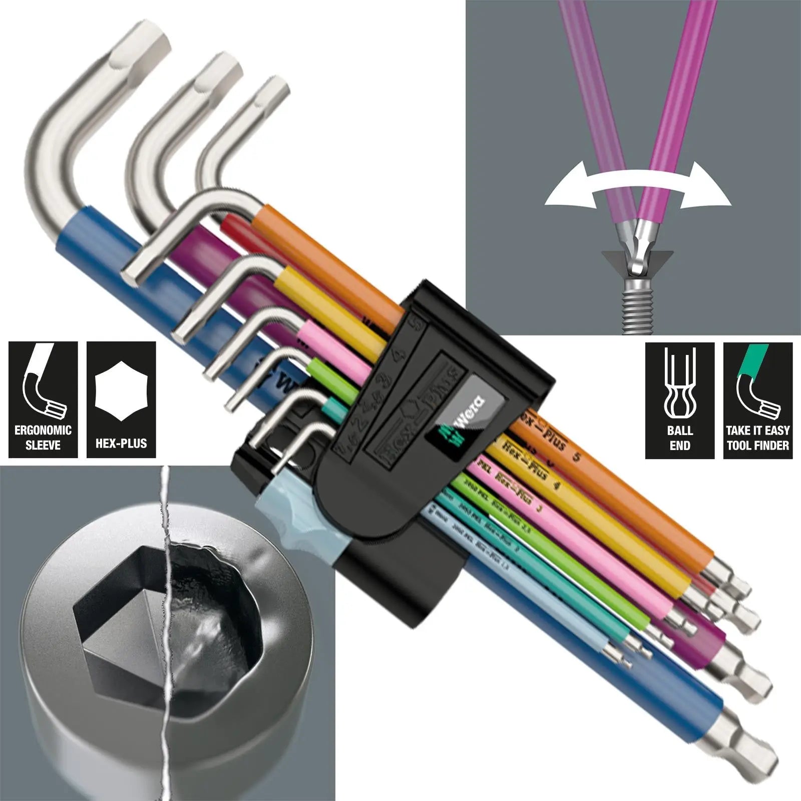 Wera Hex Key Set 3950/9 Multicolour Stainless Steel 1 L-Key Metric 9 Piece 1.5-10mm White Rose Tools