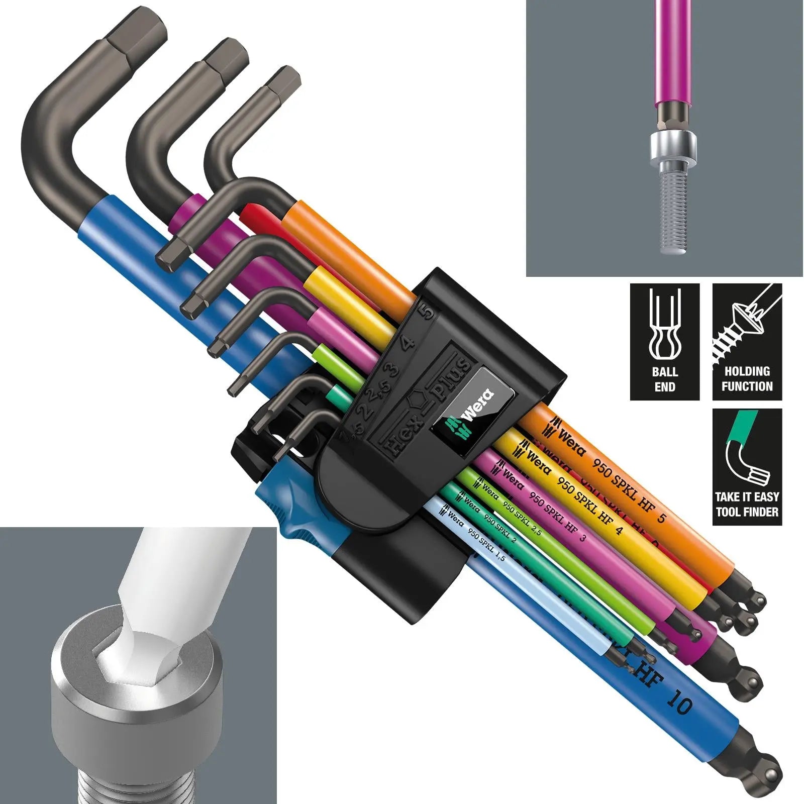 Wera Hex Key Set 950/9 Hex Plus Multicolour HF 1 L-Key Set Metric BlackLaser Holding Function 9 Piece White Rose Tools