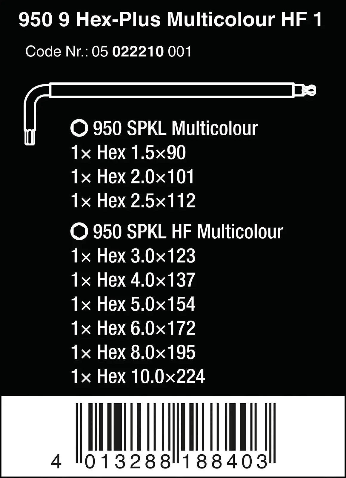 Wera Hex Key Set 950/9 Hex Plus Multicolour HF 1 L-Key Set Metric BlackLaser Holding Function 9 Piece  White Rose Tools