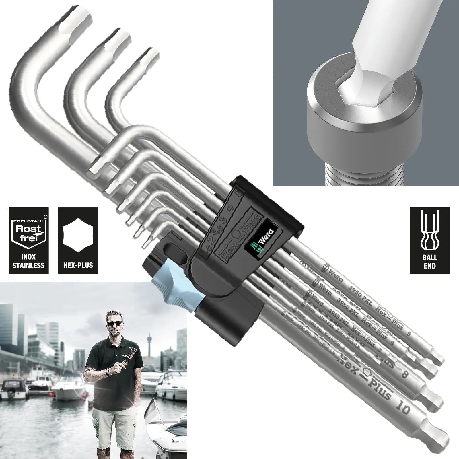 Wera Hex Key Set Stainless Steel Metric 3950/9 Hex Plus L-Key Set 1.5-10mm 9 Pieces White Rose Tools