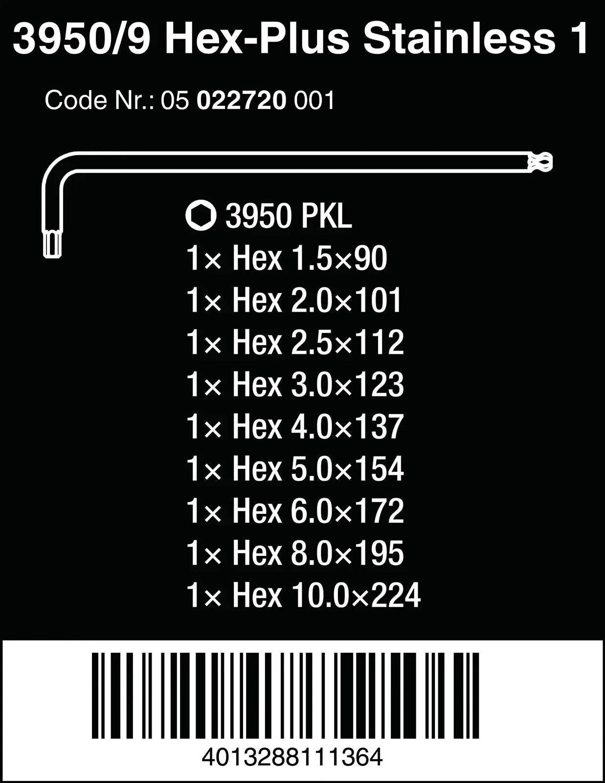 Wera Hex Key Set Stainless Steel Metric 3950/9 Hex Plus L-Key Set 1.5-10mm 9 Pieces  White Rose Tools