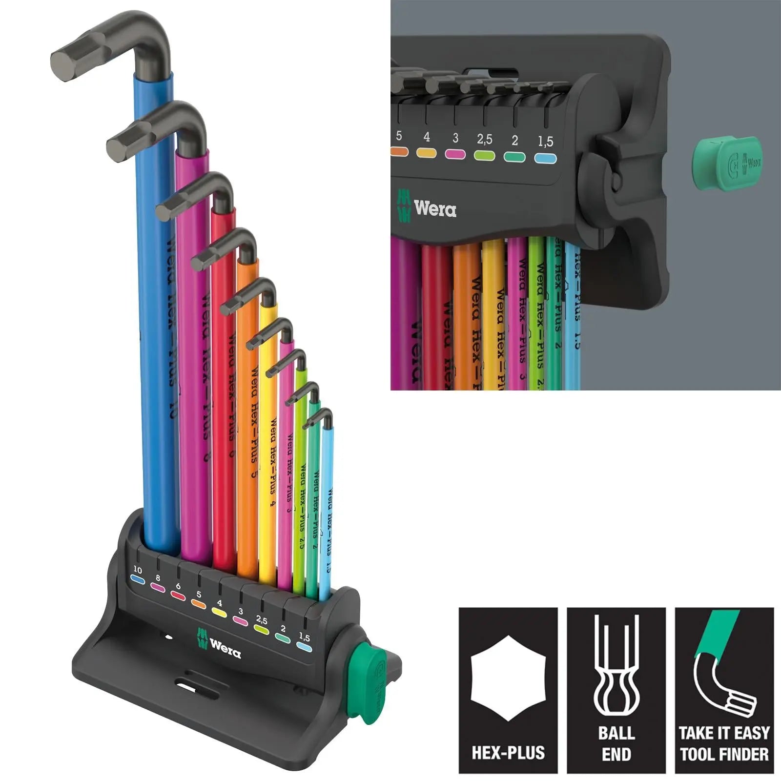 Wera Hex Key Set Stand Wall Rack 950/9 Hex Plus Multicolour 3 L-Key Set Metric BlackLaser 9 Pieces 1.5-10mm  White Rose Tools