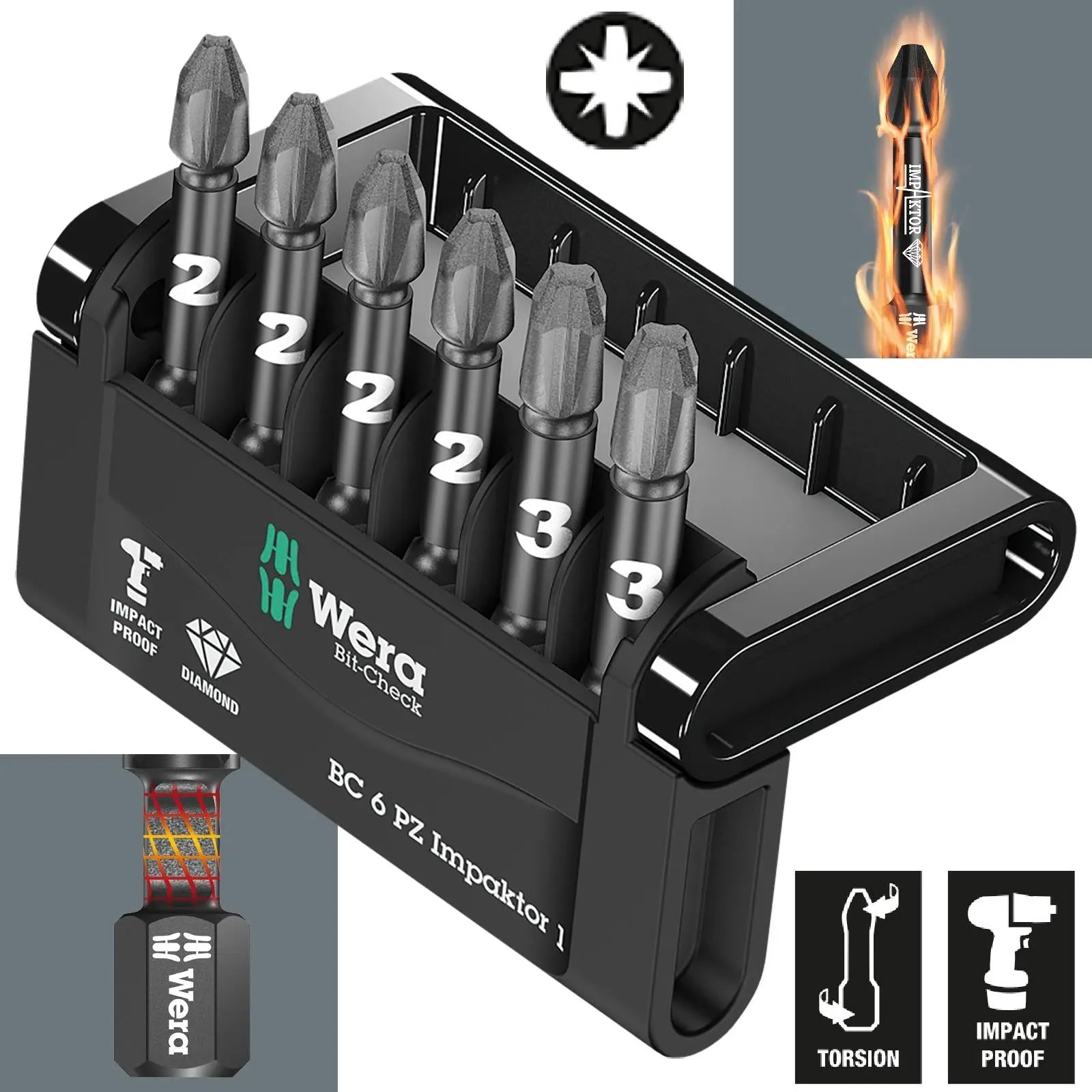 Wera Impact Screwdriver Bit Set Bit Check 6 PZ Impaktor 1 Pozi 6 Pieces  White Rose Tools