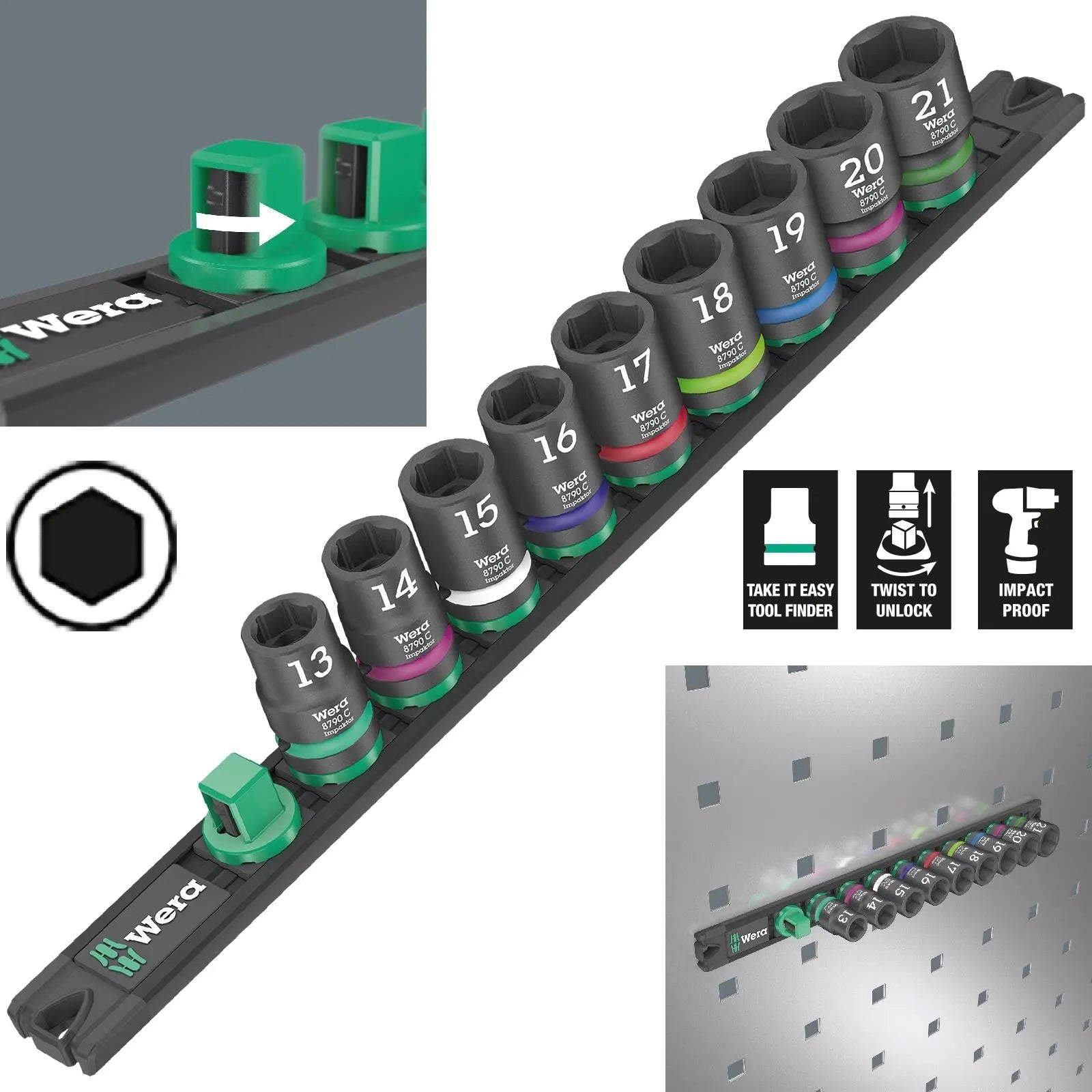 Wera Impact Socket Set 1/2" Drive on Magnetic Socket Rail C Impaktor 1 Zyklop 9 Pieces Metric 13-21mm
