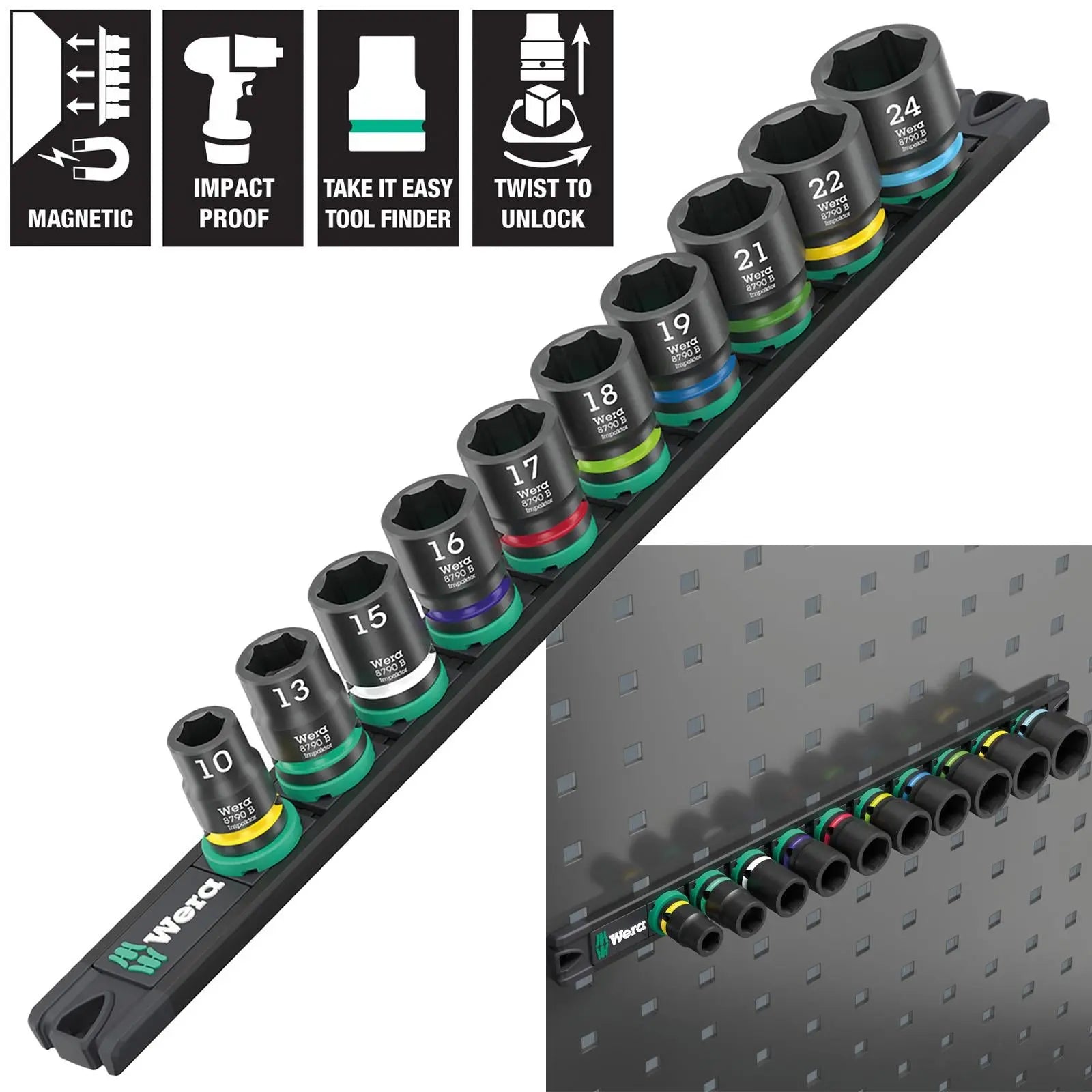Wera Impact Socket Set 3/8" Drive 10 Piece 9607 Magnetic Rail B Impaktor 1 Metric 10-24mm White Rose Tools