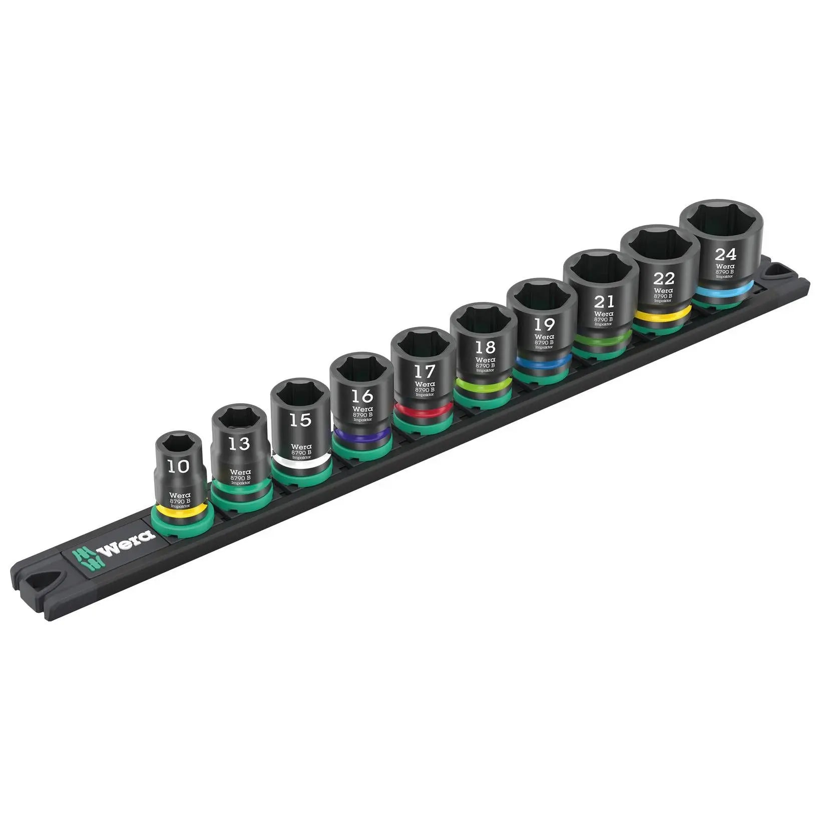 Wera Impact Socket Set 3/8" Drive 10 Piece 9607 Magnetic Rail B Impaktor 1 Metric 10-24mm White Rose Tools