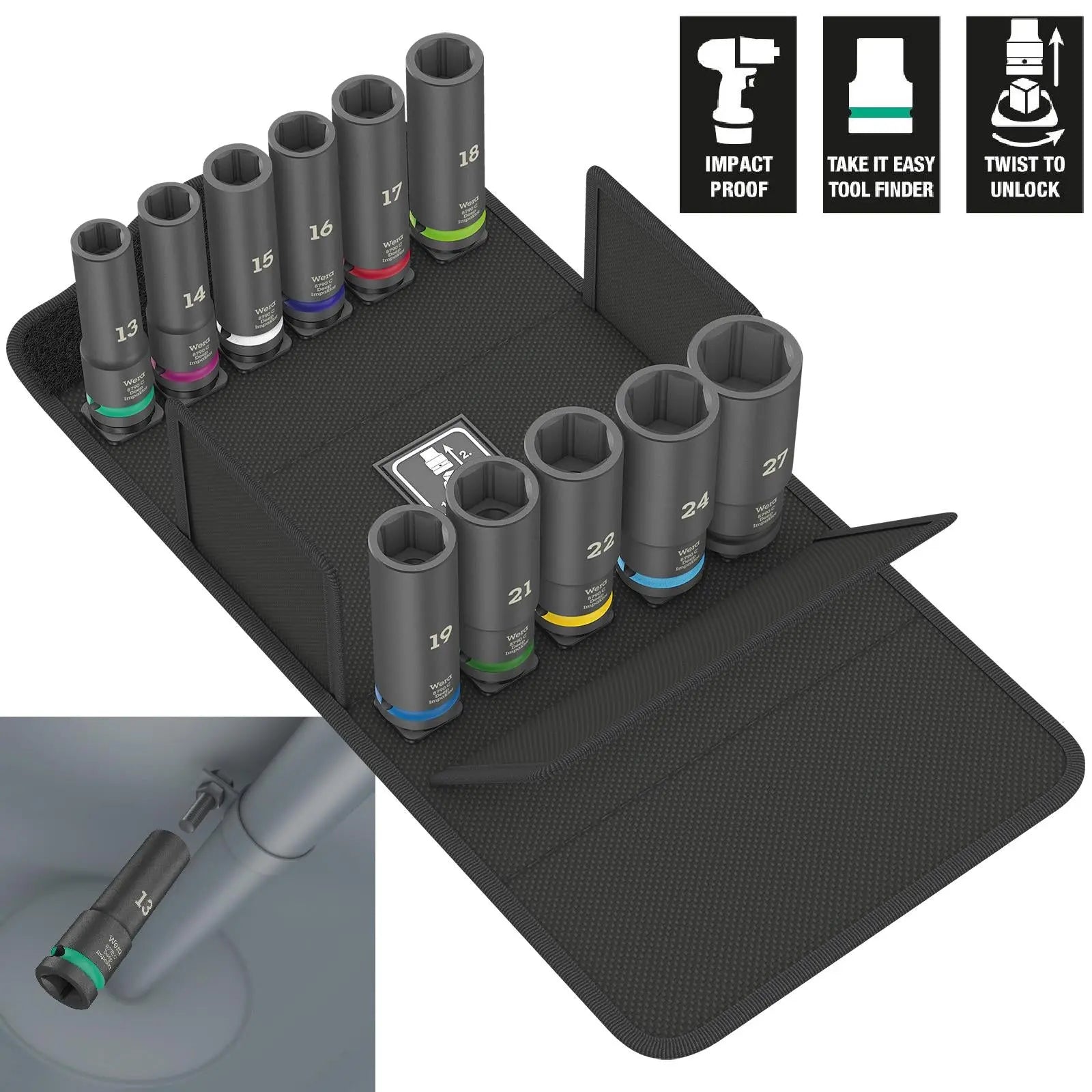 Wera Impact Socket Set Deep Impaktor 1/2" Drive in Case 8790 C Set 1 11 Pieces 13-27mm