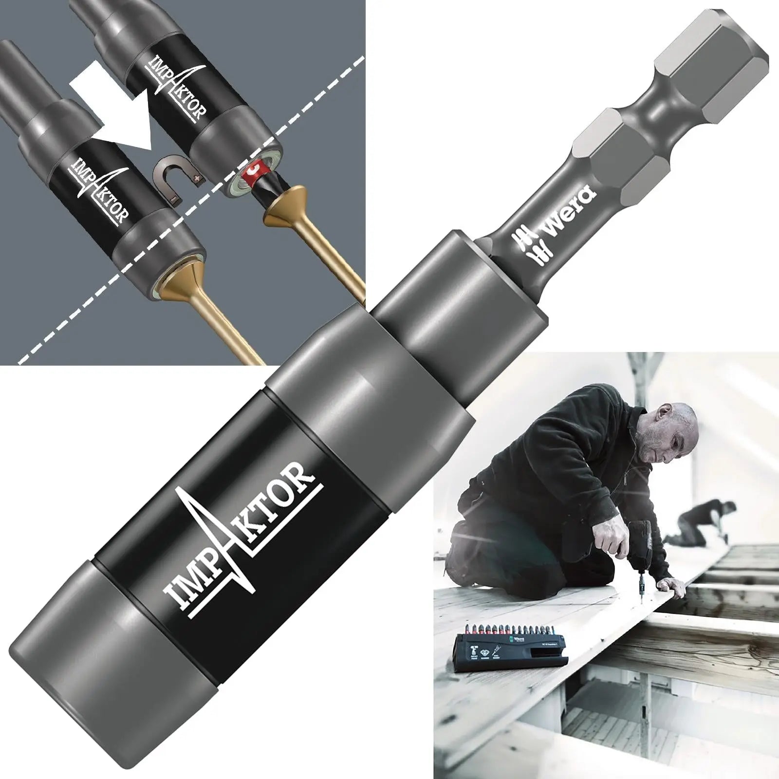 Wera Impaktor Impact Bit Holder with Retaining Ring and Ring Magnet 897/4 IMP R 1/4" Hex 75mm White Rose Tools