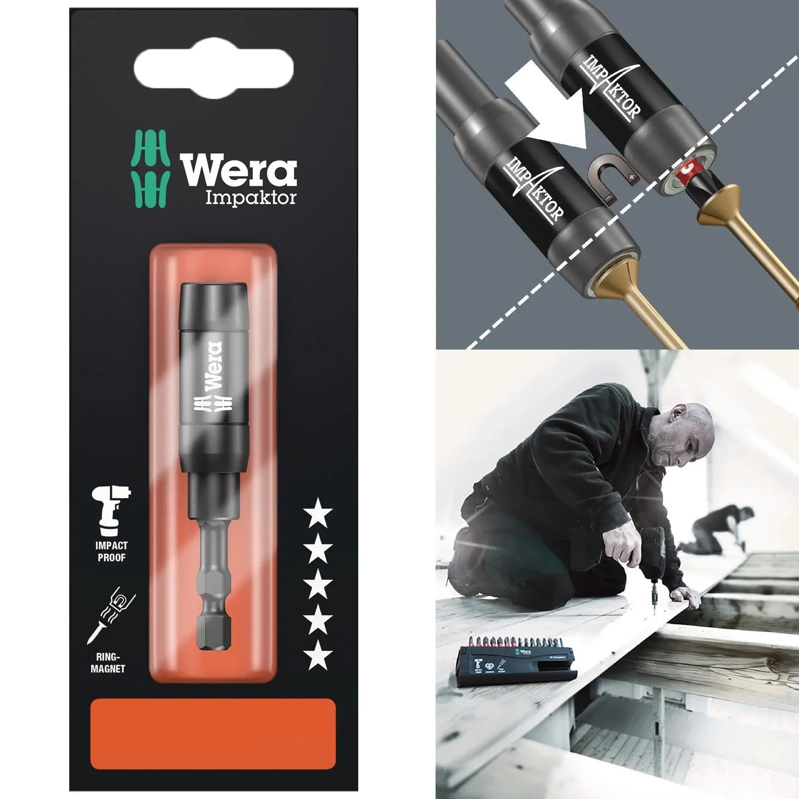 Wera Impaktor Impact Bit Holder with Retaining Ring and Ring Magnet 897/4 IMP R SB 1/4" Hex 75mm White Rose Tools