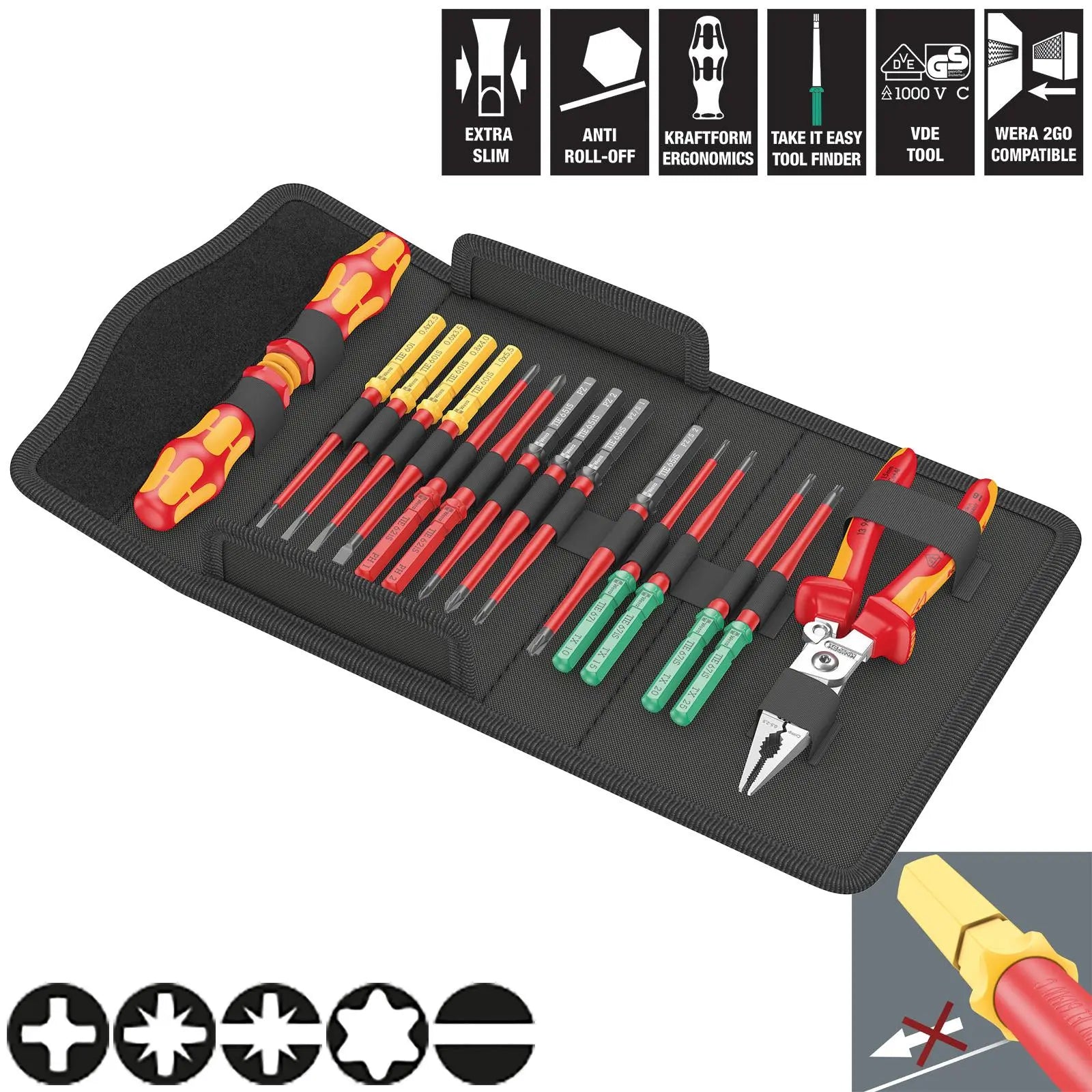 Wera Interchangeable VDE Screwdriver Pliers Set Kraftform Kompakt VDE 17 Extra Slim 1 Tool Finder 17 Pieces White Rose Tools