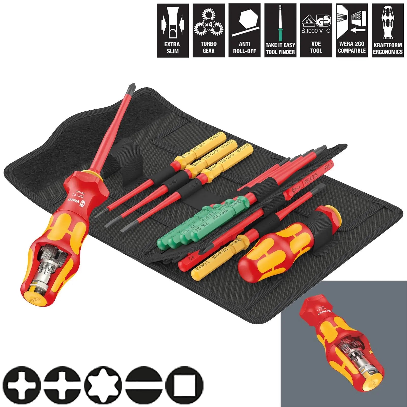 Wera Interchangeable VDE Screwdriver Set Kraftform Kompakt Turbo I Imperial 1 Tool Finder 16 Pieces Phillips Slotted Torx Square White Rose Tools