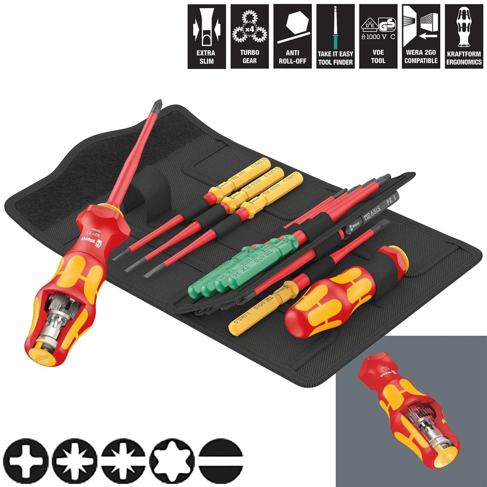 Wera Interchangeable VDE Screwdriver Set Kraftform Kompakt Turbo i 1 Tool Finder 16 Pieces Phillips Torx Pozi Slotted White Rose Tools
