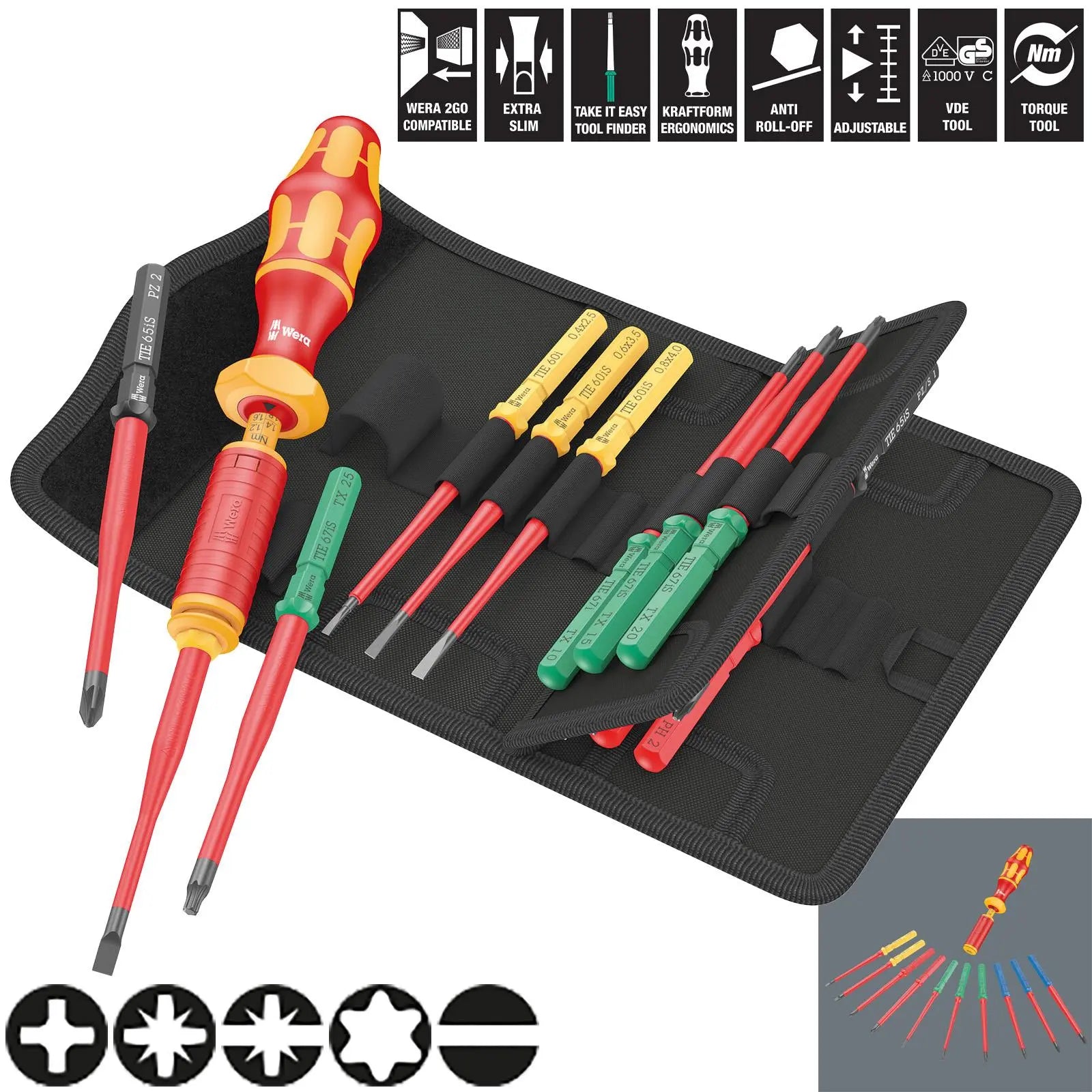 Wera Interchangeable VDE Screwdriver Set Kraftform Kompakt VDE 15 Torque 1.2-3Nm Extra Slim 1 Tool Finder 15 Pieces White Rose Tools