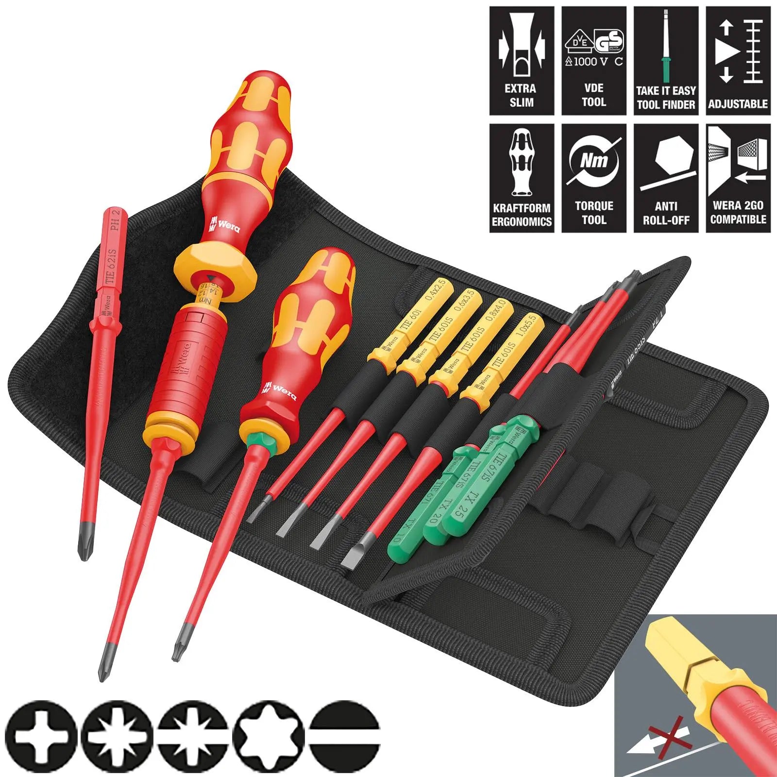 Wera Interchangeable VDE Screwdriver Set Kraftform Kompakt VDE 16 Torque 1.2-3Nm Extra Slim 1 Tool Finder 16 Pieces White Rose Tools