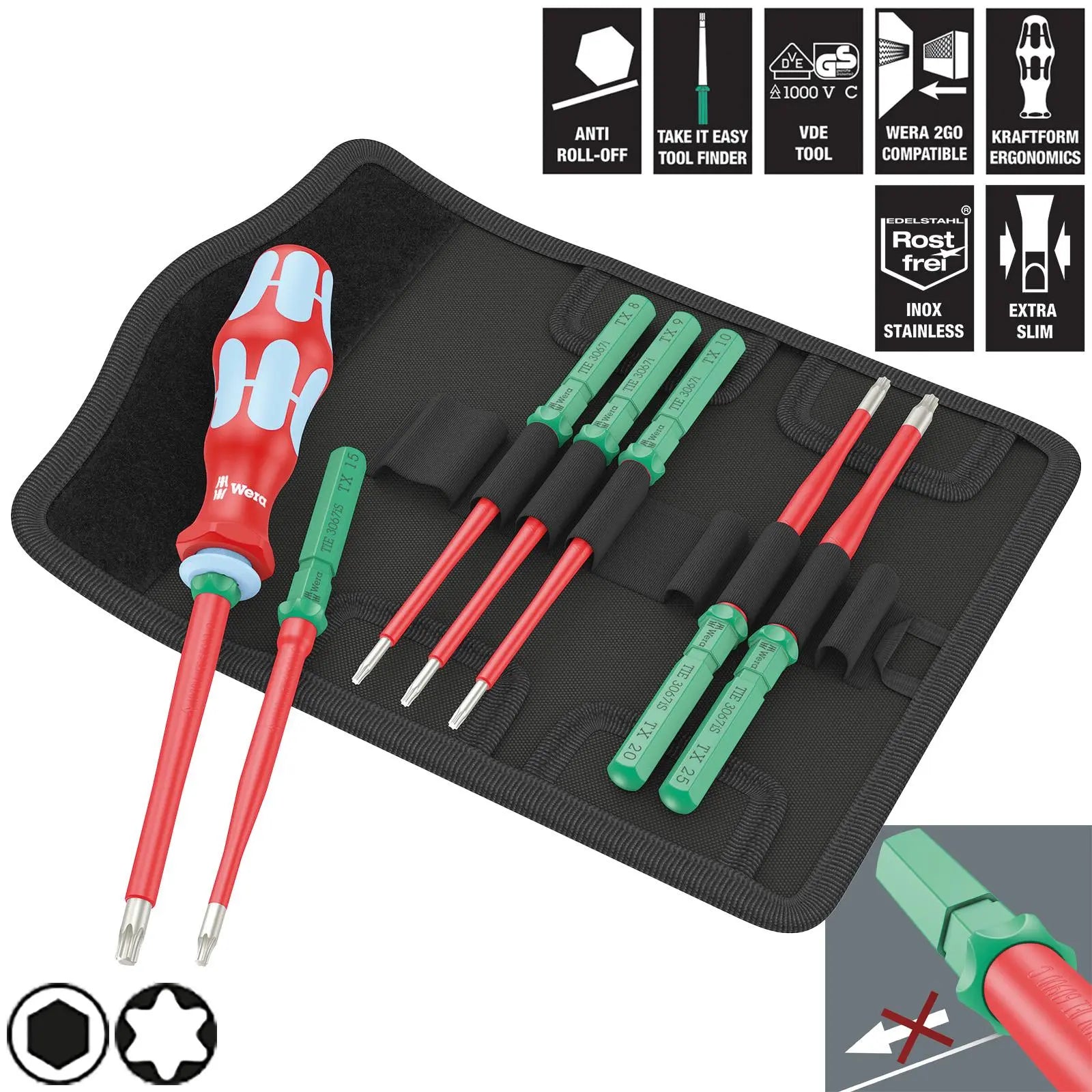 Wera Interchangeable VDE Screwdriver Set Kraftform Kompakt VDE Stainless 8 Extra Slim 1 Tool Finder 8 Pieces Torx White Rose Tools