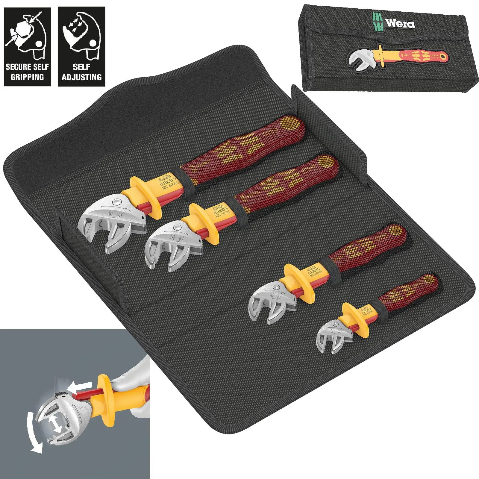 Wera Joker VDE 4 Set 1 6004 Insulated Self Setting Adjustable Spanner Set 4 Pieces in Case White Rose Tools
