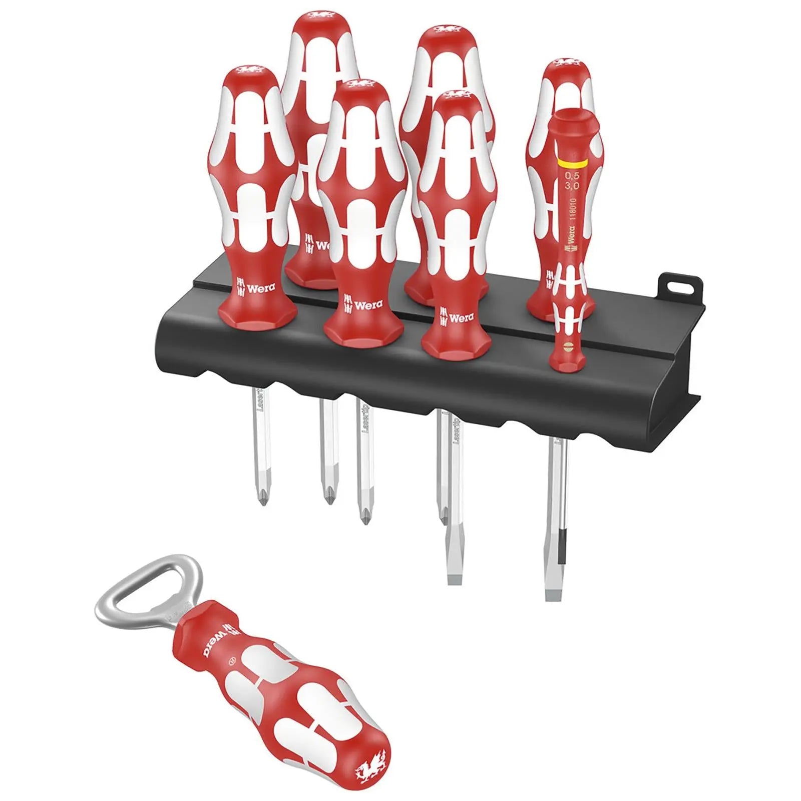 Wera Kraftform Sports Edition Wales Screwdriver Set Bottle Opener and Rack 8 Pieces White Rose Tools