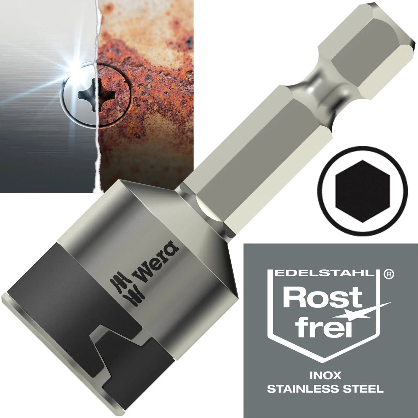 Wera Nut Driver Stainless Steel 1/4" Hex 50mm Long 3869/4 Nutsetters Stainless White Rose Tools