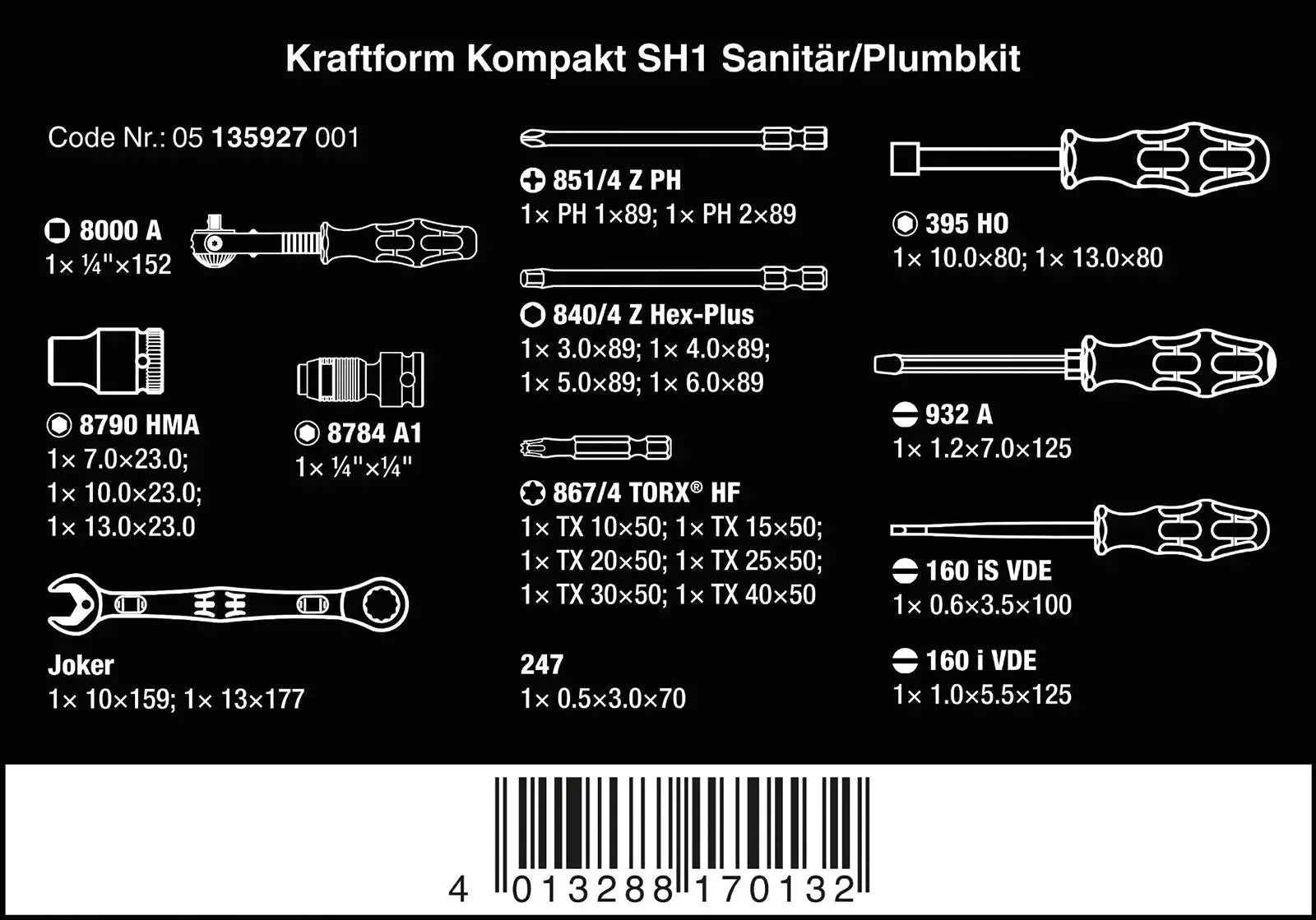 Wera Plumbers Kit 1/4" Drive 25 Piece Kraftform Kompakt SH 1 PlumbKit  White Rose Tools