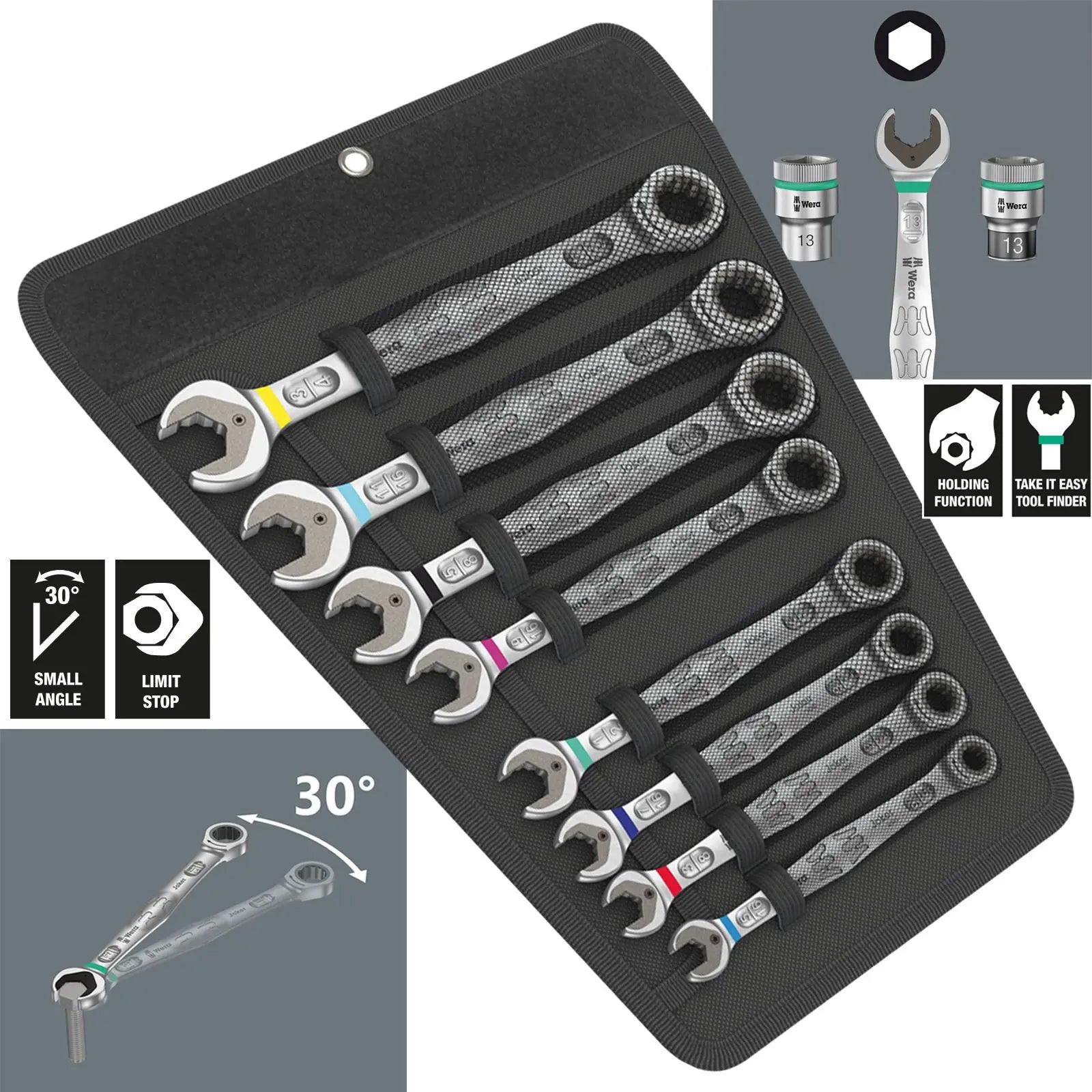 Wera Ratchet Combination Spanner Set 8 Piece 6000 Joker 8 Set 1 Imperial in Pouch 5/16"-3/4 White Rose Tools