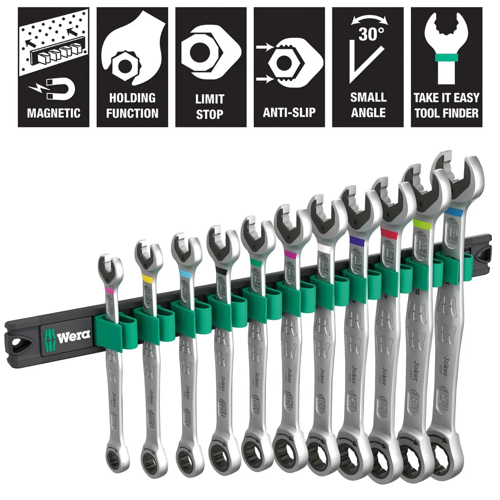 Wera Ratchet Combination Spanner Wrench Set 6000 Joker 1 9630 Magnetic Rail 11 Pieces 8-19mm White Rose Tools