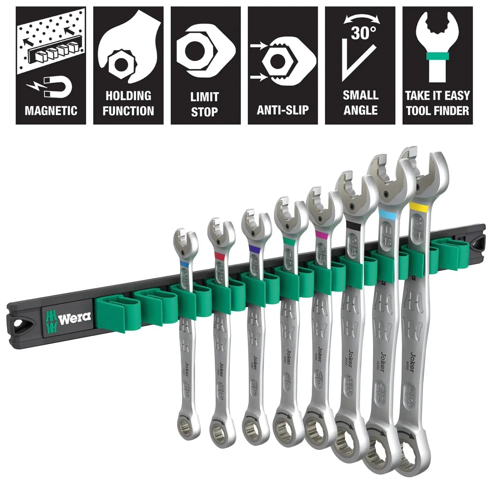 Wera Ratchet Combination Spanner Wrench Set 6000 Joker Imperial 1 9632 Magnetic Rail 8 Pieces 5/16"-3/4 White Rose Tools