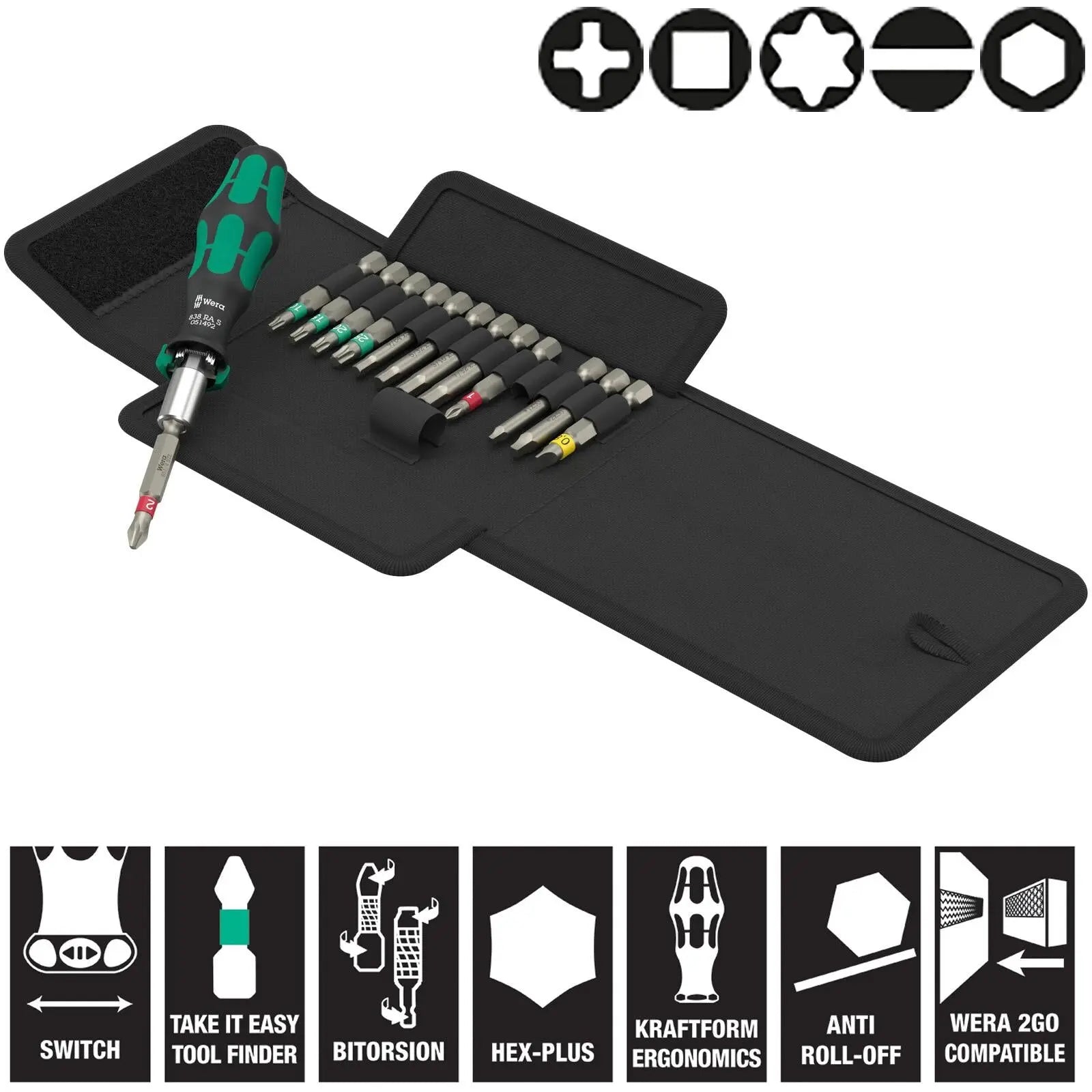Wera Ratchet Screwdriver Set Kraftform Kompakt KK 838 RA S Imperial Set 1 14 Pieces PH TX SL SQ Hex White Rose Tools