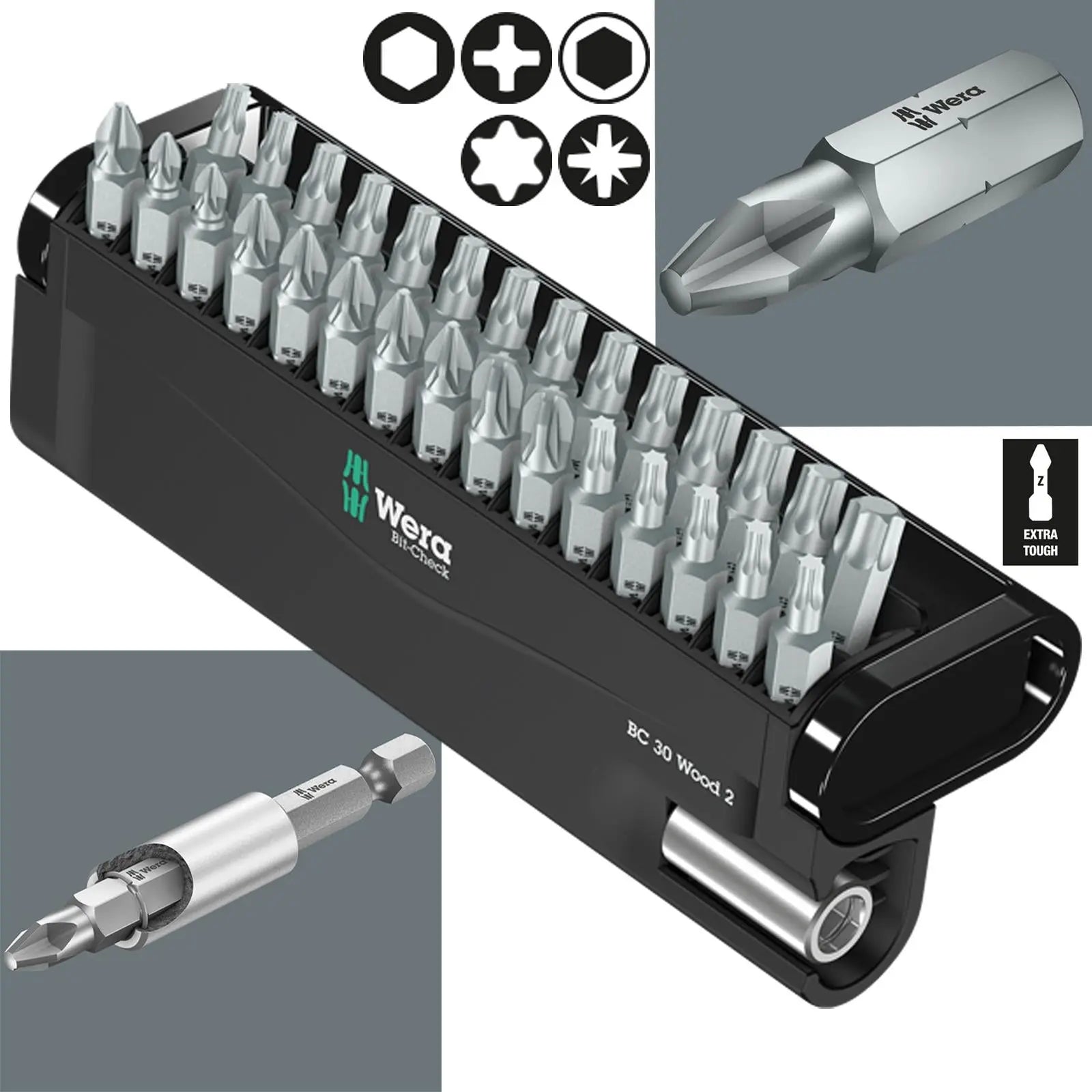 Wera Screwdriver Bit Set 30 Piece Bit Check 30 Wood 2 with Bit Holder White Rose Tools