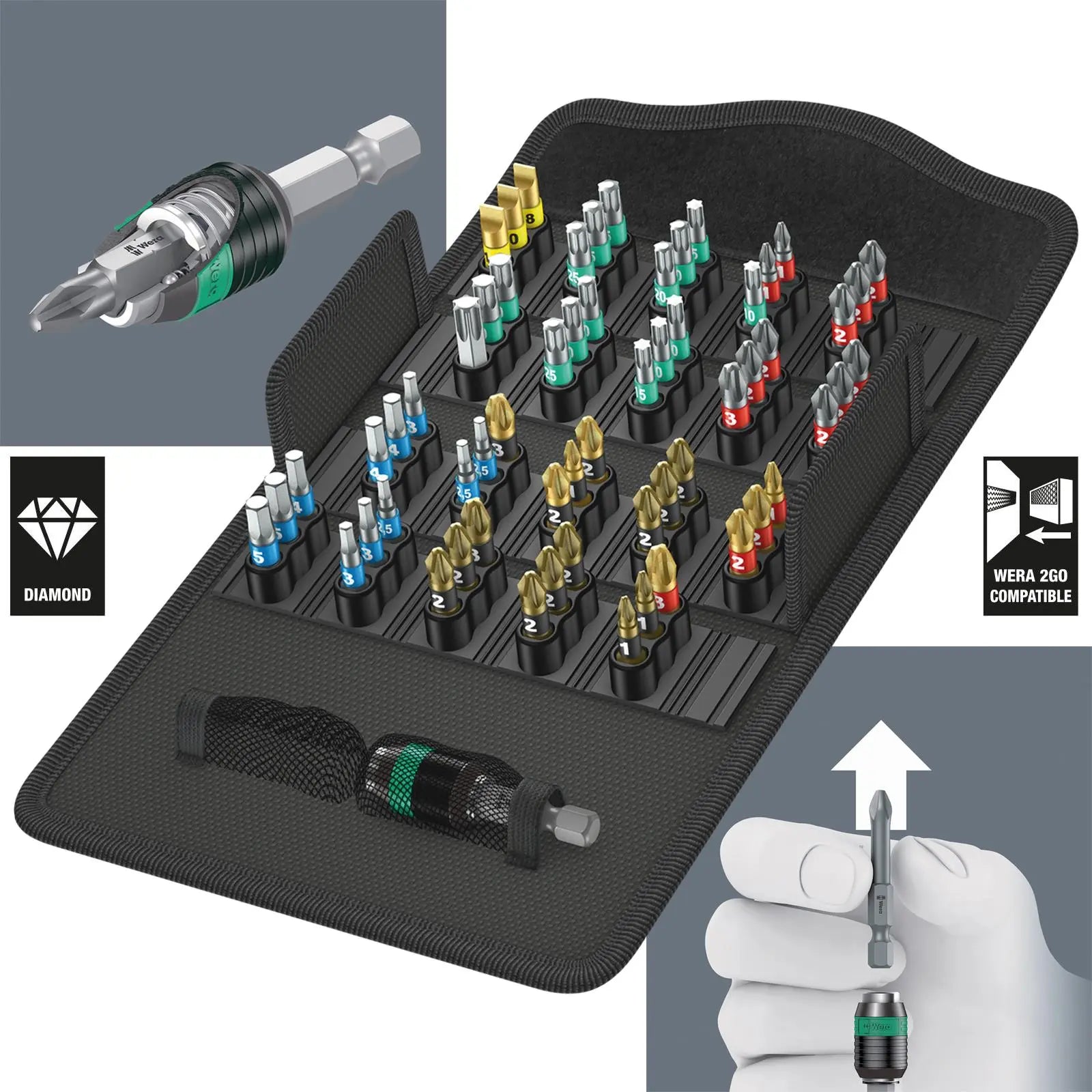 Wera Screwdriver Bit Set 61 Piece Bit Safe 61 BiTorsion 1 with Rapidaptor Bit Holder White Rose Tools