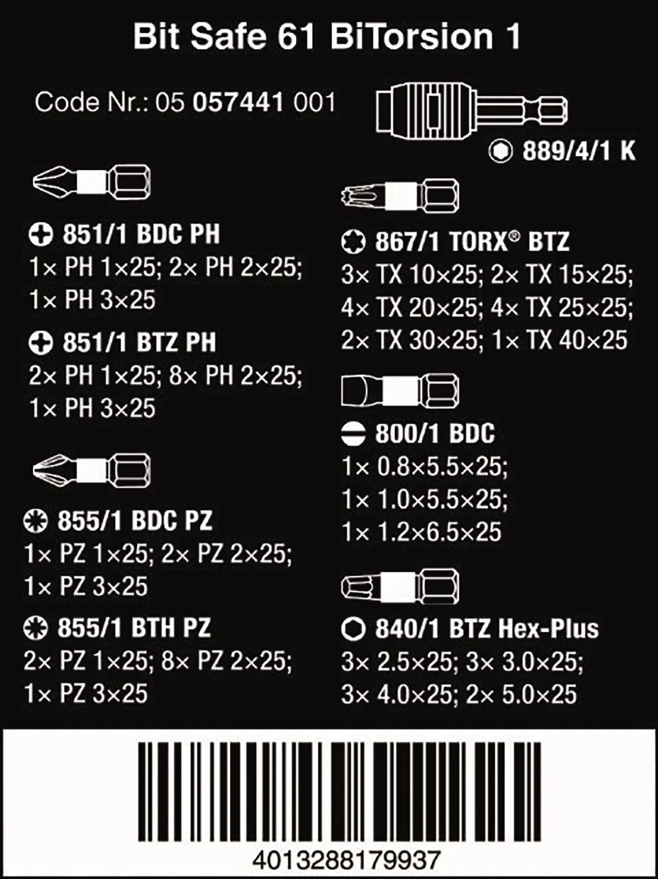 Wera Screwdriver Bit Set 61 Piece Bit Safe 61 BiTorsion 1 with Rapidaptor Bit Holder White Rose Tools