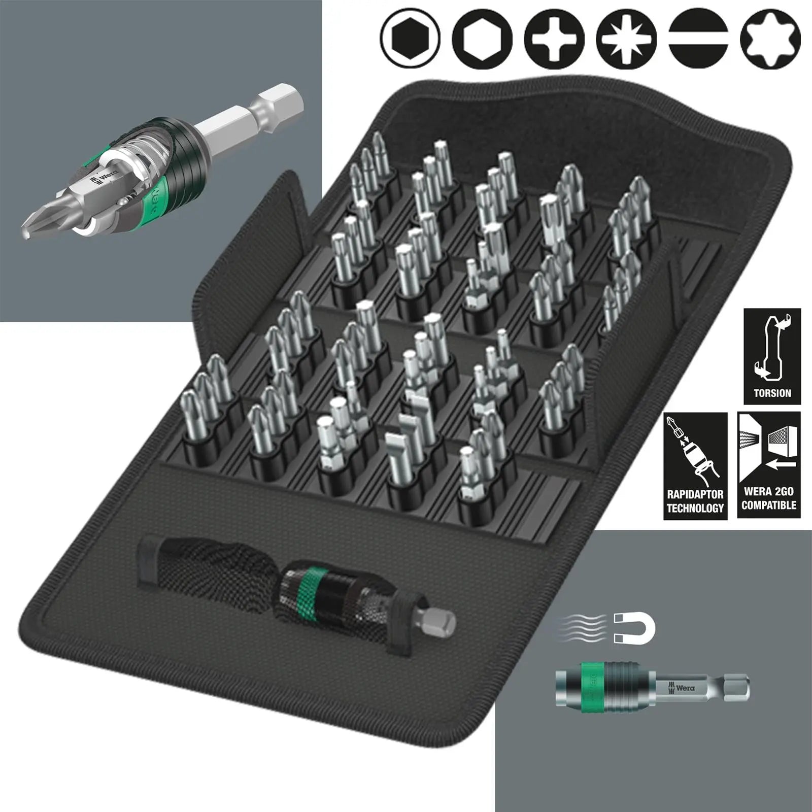 Wera Screwdriver Bit Set 61 Piece Bit Safe 61 Universal 1 with Rapidaptor Bit Holder White Rose Tools